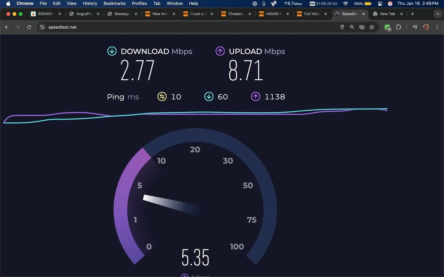 The image features a speed test result from speedtest.net, showing a download speed of 2.77 Mbps and an upload speed of 8.71 Mbps. The ping is recorded at 10 ms. A gauge in the center indicates a speed of 5.35 Mbps. The background is dark, with a gradient design, and the text is displayed in a modern font. The browser window at the top shows various tabs, including one labeled "AngryPages," indicating the user is likely engaged in online discussions or browsing. The overall setting appears to be a digital interface, likely on a personal computer.