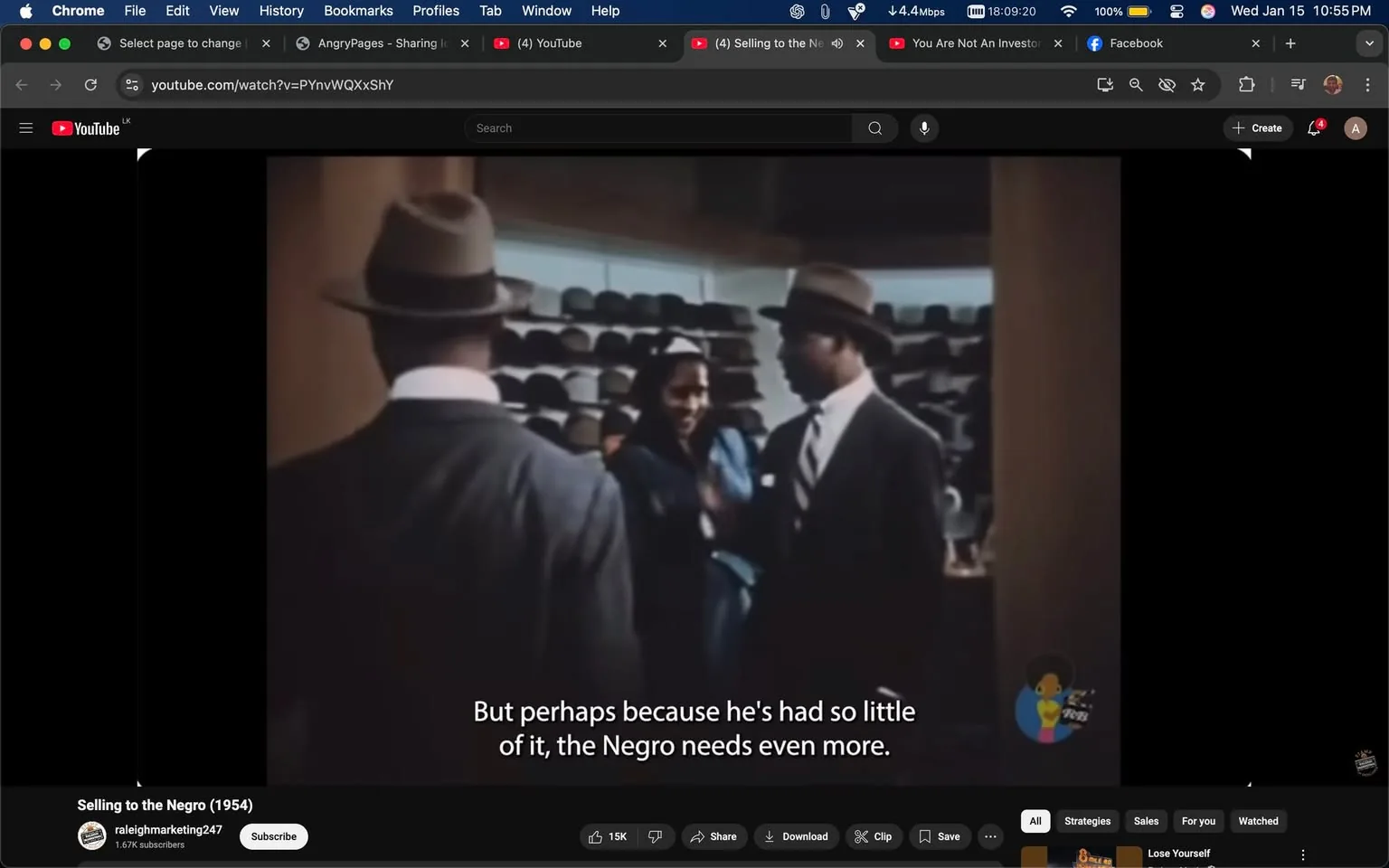 In the scene, three individuals are present in a clothing store, likely discussing a topic related to consumer needs. Two men, dressed in formal suits and hats, are positioned with their backs to the camera, while a woman in a blue dress stands between them, facing the viewer. The setting appears to be indoors, with shelves of hats visible in the background. The dialogue displayed on the screen suggests a discussion about societal needs, specifically referencing the experiences of a marginalized group. The overall atmosphere seems to convey a serious tone, reflecting on themes of inequality and consumerism.