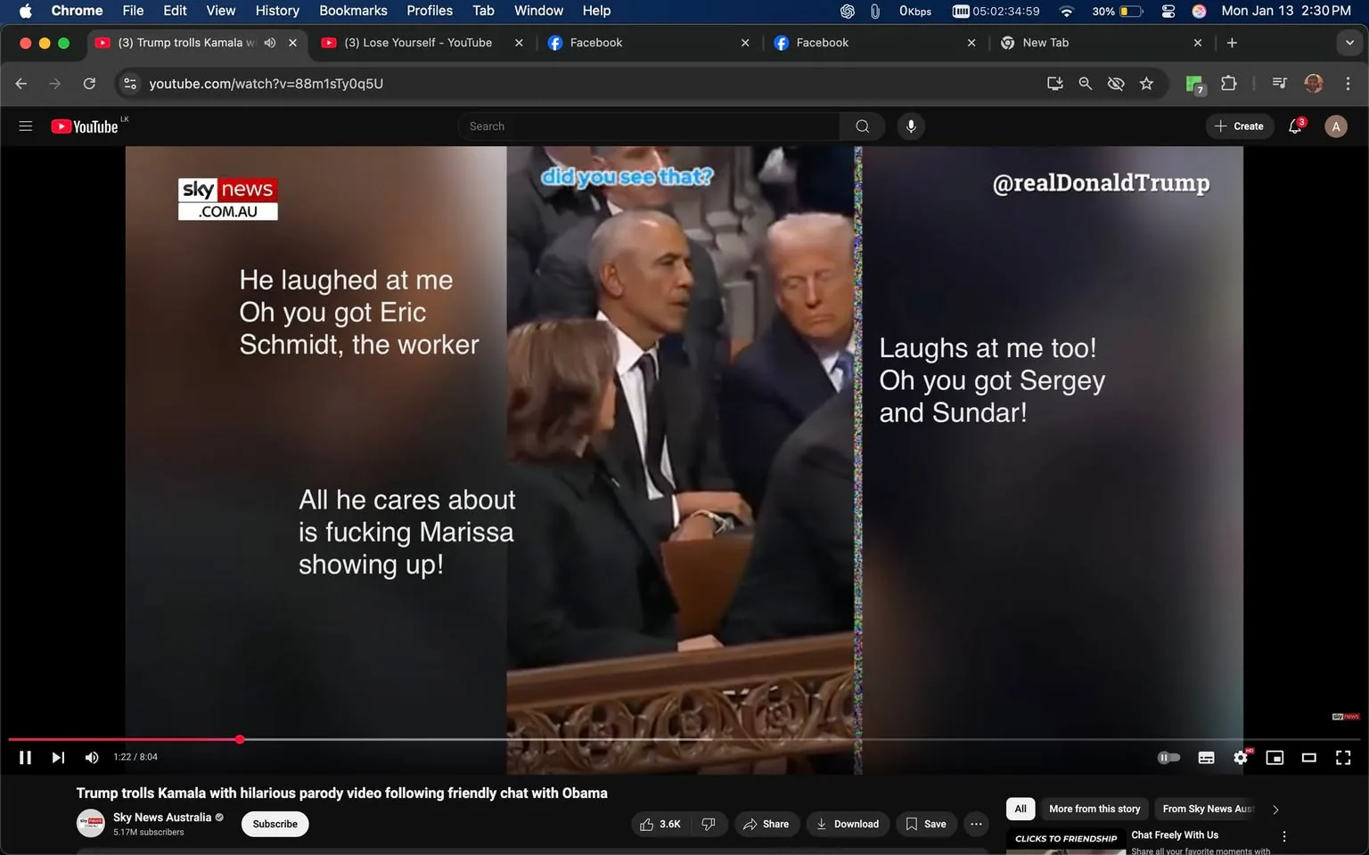 In the image, a political event is taking place, featuring two prominent figures seated next to each other. One figure appears to be engaged in conversation, while the other looks somewhat disinterested. The visible text includes humorous remarks about various individuals, suggesting a light-hearted or satirical tone. The text mentions names like Eric Schmidt, Sergey, and Sundar, indicating a tech-related context. The setting appears to be indoors, likely at a formal event, with a decorative background that includes ornate woodwork. The logo for Sky News is visible in the top left corner, indicating the source of the content. Overall, the image captures a moment of interaction that blends humor with political commentary.