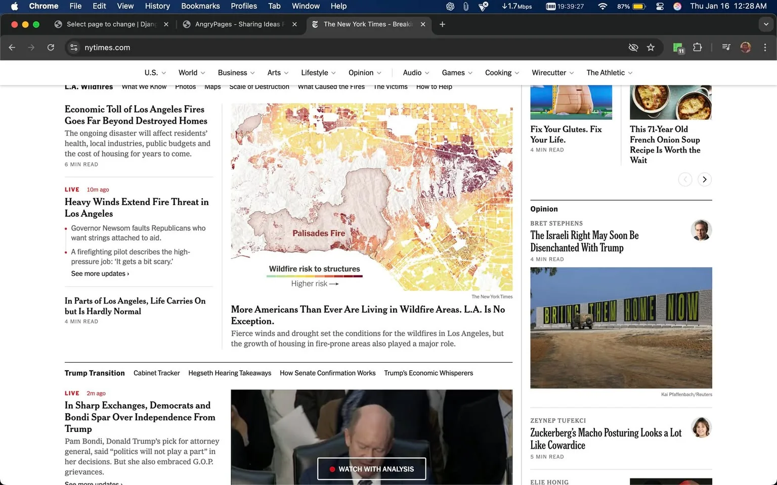 The New York Times webpage features articles primarily focused on the ongoing wildfire situation in Los Angeles, highlighting the economic toll and the extension of fire threats due to heavy winds. A prominent map illustrates wildfire risk to structures, indicating areas of higher risk. The page includes various sections such as live updates, opinion pieces, and articles on related topics. Notable headlines mention the impact of fierce winds and drought on housing in fire-prone areas. The layout includes a mix of text and images, with a sidebar featuring additional articles and opinions. The overall tone reflects urgency and concern regarding the environmental and political implications of the wildfires.