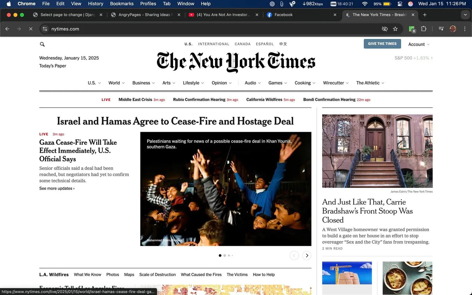 In the image, the main focus is on a news article from The New York Times, dated January 15, 2025. The headline reads "Israel and Hamas Agree to Cease-Fire and Hostage Deal," indicating a significant political development. Accompanying the headline is a photograph showing a group of Palestinians in Khan Younis, southern Gaza, who appear to be celebrating or expressing hope, with their hands raised. The setting seems to be outdoors, likely at night, as the background is dimly lit. The article also includes a brief note about a U.S. official stating that a cease-fire will take effect immediately. There are no visible brands or logos in the image, and the content does not contain any explicit sexual or violent elements.