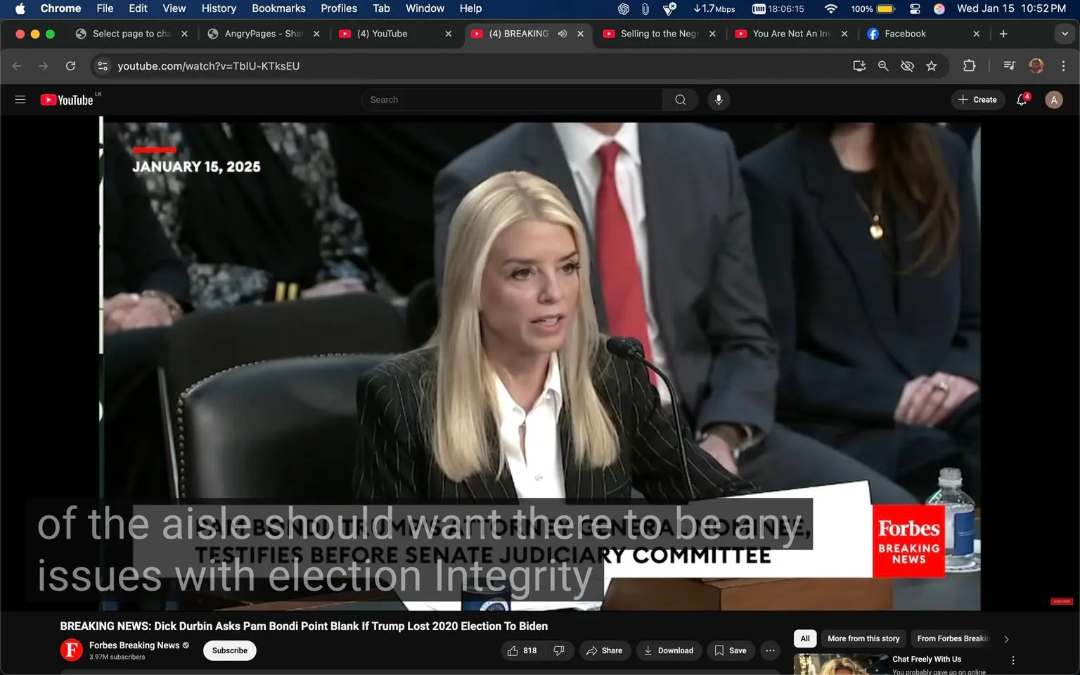 In the image, a woman with long, straight blonde hair is seated at a table, speaking into a microphone. She is dressed in a black and white pinstriped suit, with a white blouse underneath. The setting appears to be a formal hearing, likely in a government building, as indicated by the presence of a Senate Judiciary Committee backdrop. Behind her, several individuals are seated, including one man in a gray suit and a red tie. The date displayed in the corner reads "January 15, 2025." The text on the screen indicates that she is testifying about election integrity, suggesting a political discussion. A "Forbes" logo is visible in the lower right corner, indicating the source of the broadcast.