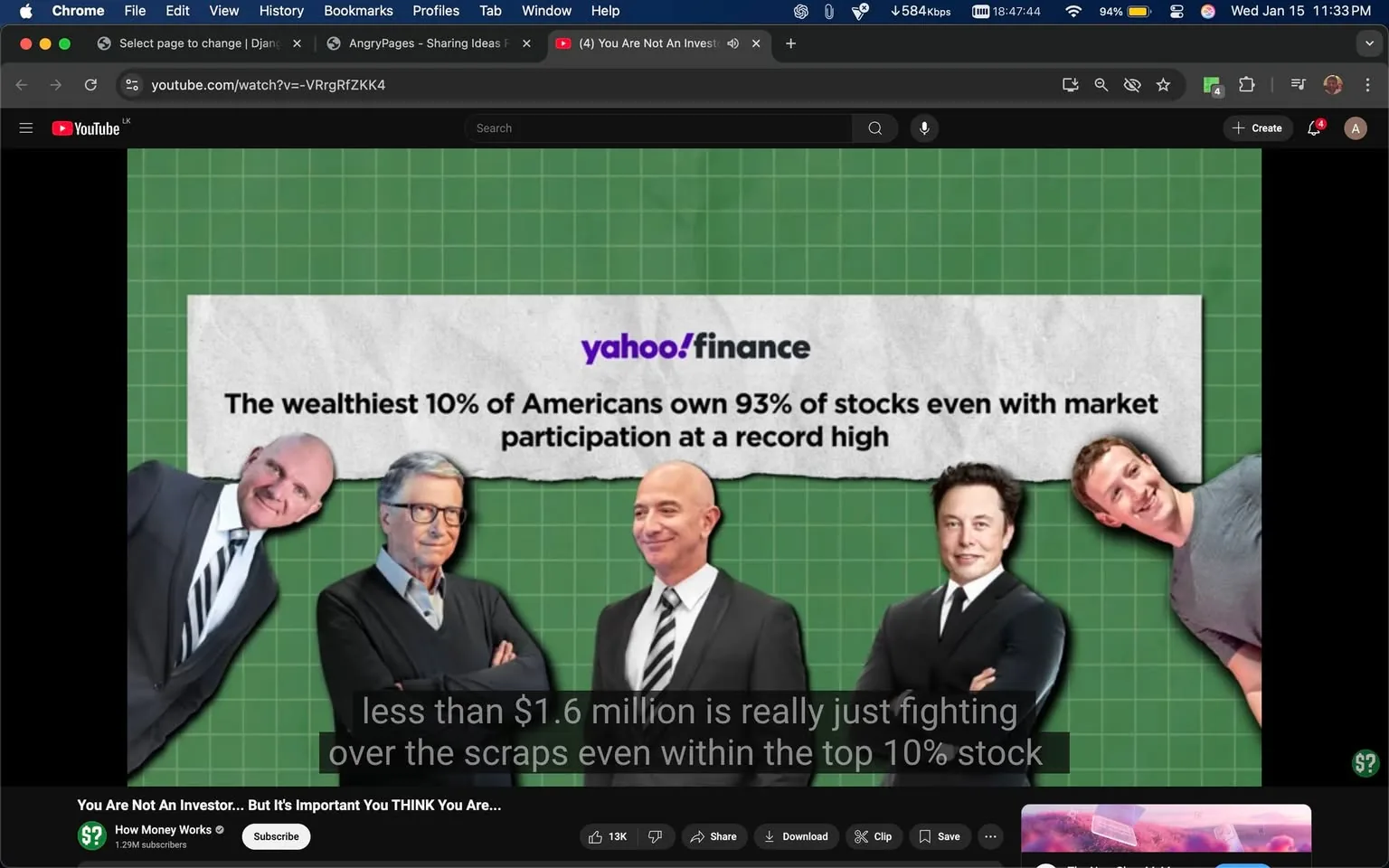 The image features several individuals, likely public figures, positioned against a green grid background. Prominently displayed is a statistic stating, "The wealthiest 10% of Americans own 93% of stocks even with market participation at a record high," attributed to Yahoo! Finance. The individuals are dressed in formal attire, with some wearing suits and ties, while one appears in a casual shirt. Their expressions range from neutral to slight smiles. The overall theme revolves around wealth disparity and stock ownership, with a caption below discussing financial struggles for those with less than $1.6 million. The setting appears to be a digital graphic, likely intended for a financial commentary or educational video.