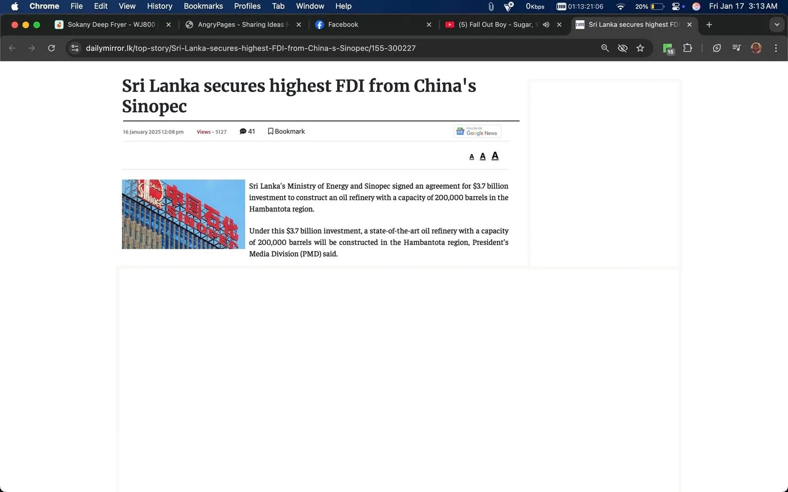 Sri Lanka's Ministry of Energy has signed a notable agreement with Sinopec for a $3.7 billion investment to construct an oil refinery in the Hambantota region, which will have a capacity of 200,000 barrels. The refinery's output is intended for export, enhancing the nation's foreign exchange earnings. This investment aims to boost Sri Lanka's economic growth and improve the livelihoods of low-income communities in the area. The signing ceremony was attended by various officials, including the Minister of Foreign Affairs and other dignitaries. The article features a prominent Sinopec logo and mentions the significance of the project for the local population.