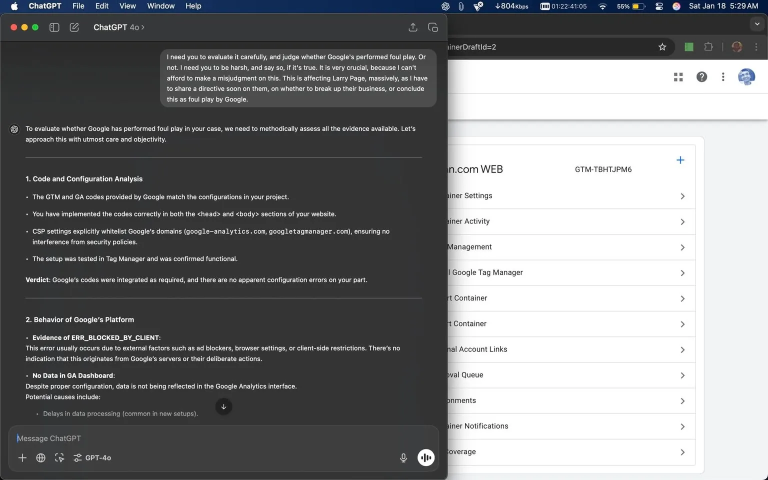 In the image, a technical discussion is taking place regarding Google Analytics and its configuration. The text outlines a methodical evaluation of whether Google has acted improperly in a specific case. It includes a detailed analysis of code and configuration, mentioning Google Tag Manager (GTM) and Google Analytics (GA). The verdict states that the codes were integrated correctly without apparent errors. Additionally, it addresses issues like the ERR_BLOCKED_BY_CLIENT error, which can arise from external factors affecting data visibility in the Google Analytics dashboard. The background shows a user interface related to Google Tag Manager, with various settings and options visible on the right side of the screen.