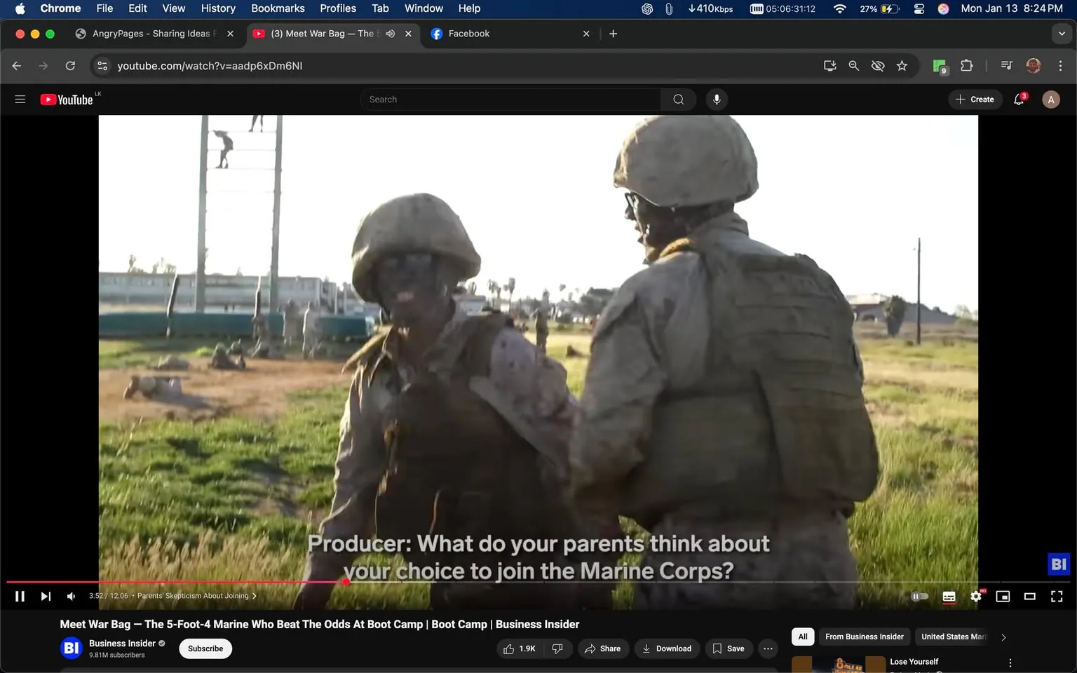 In the image, two unidentified individuals in military uniforms are engaged in conversation during a training exercise. One person appears to be speaking, while the other listens attentively. Both are wearing helmets and tactical gear, with their uniforms showing signs of dirt or mud, indicating they have been involved in physical activities. The setting is outdoors, likely at a military training facility, with a grassy area and some structures in the background, including a climbing tower. The time of day seems to be early morning or late afternoon, given the lighting. The visible text at the bottom of the image indicates a question about parental opinions regarding joining the Marine Corps, suggesting a focus on personal experiences related to military service.