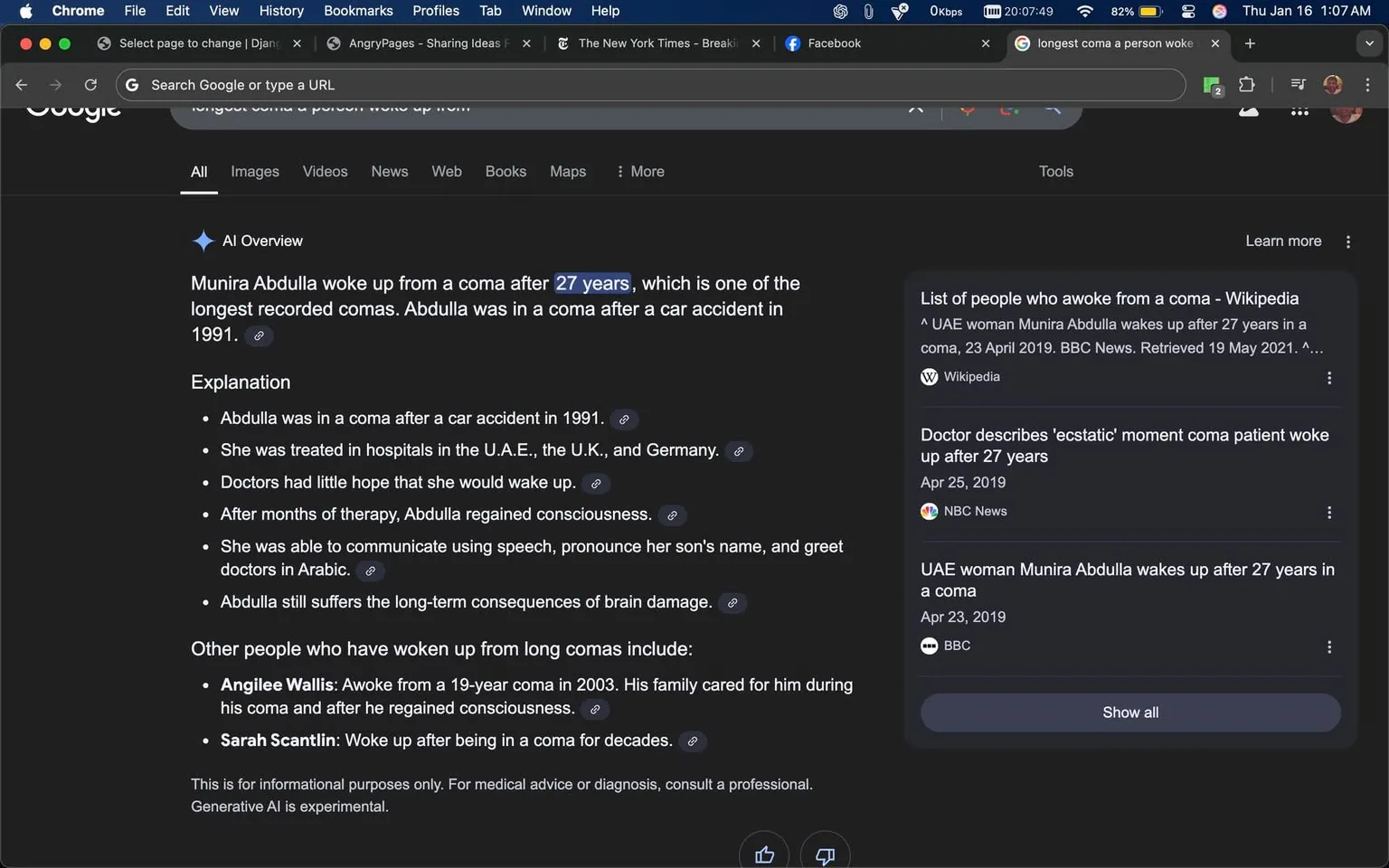 Munira Abdulla woke up from a coma after 27 years, which is noted as one of the longest recorded comas. The text explains that she was in a coma due to a car accident in 1991 and received treatment in hospitals across the U.A.E., the U.K., and Germany. Initially, doctors had little hope for her recovery, but after months of therapy, she regained consciousness. Abdulla was able to communicate using speech, pronounce her son's name, and greet doctors in Arabic, although she continues to face long-term consequences of brain damage. The surrounding posts reflect a range of sentiments, including discussions about suffering in Sri Lanka and personal reflections on recovery from comas.