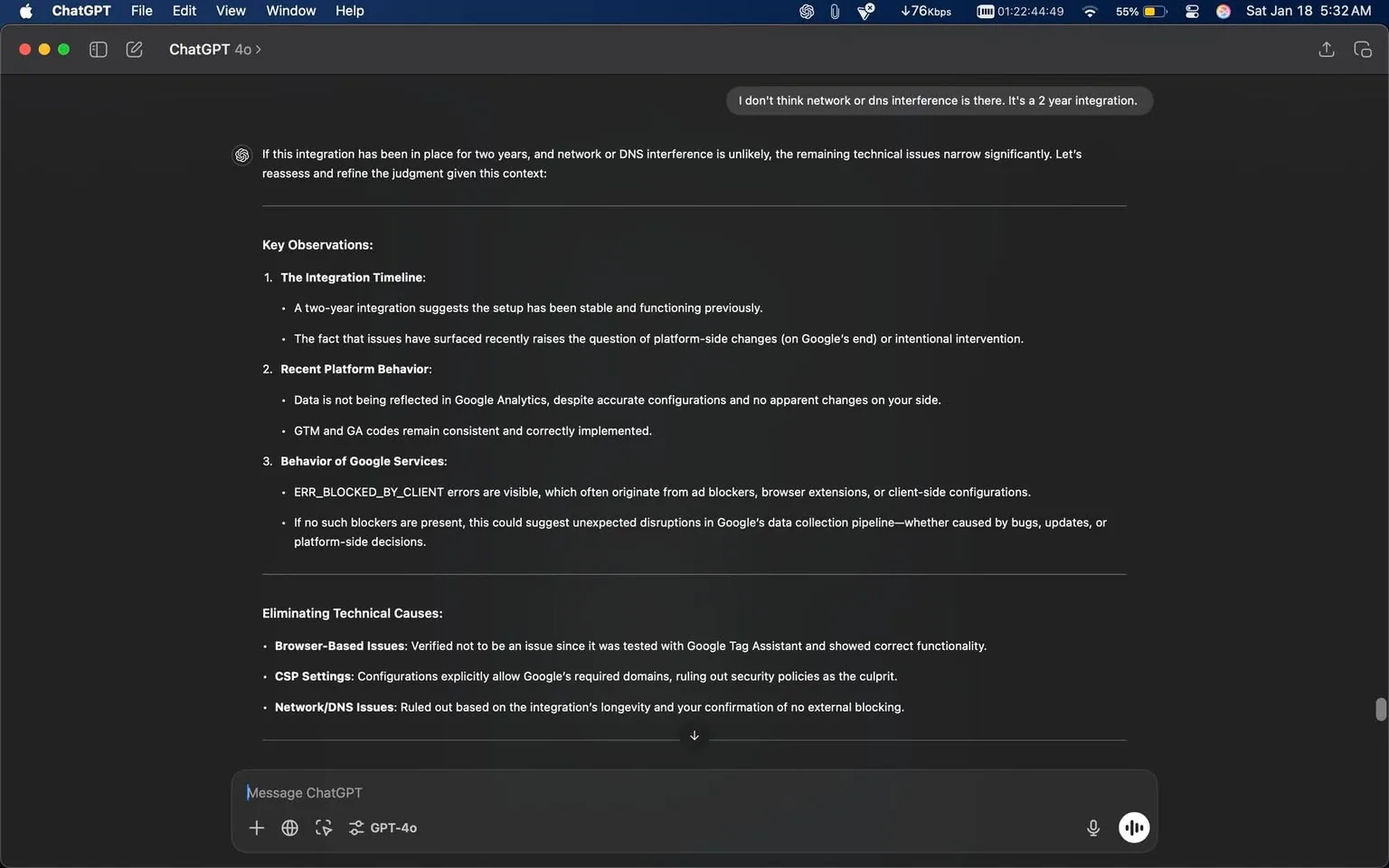 The content primarily revolves around technical observations regarding a two-year integration with Google services, specifically focusing on issues with data not being reflected in Google Analytics. It mentions the presence of ERR_BLOCKED_BY_CLIENT errors, which are often linked to ad blockers or browser configurations. The text also discusses the elimination of potential technical causes, such as browser-based issues and CSP settings, confirming that these are not the source of the problems. The setting appears to be a digital communication platform, likely a chat interface, where technical troubleshooting is being conducted. There are no visible people or sensitive content present in the text.