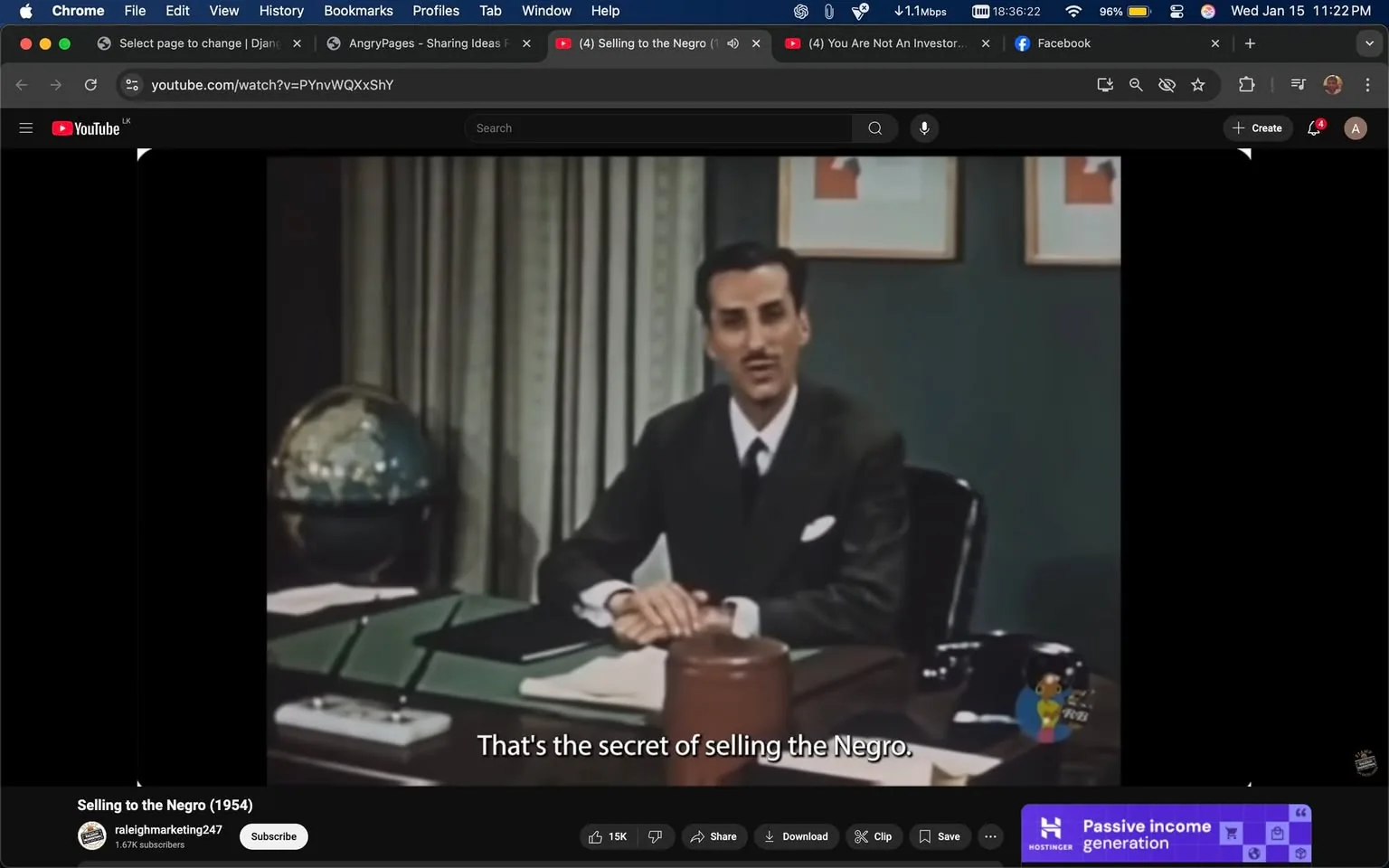 In the video, a man in a suit is seated at a desk, speaking directly to the camera. He has dark hair and is wearing a white shirt with a tie, along with a pocket square. The setting appears to be an office, with a globe visible in the background and curtains framing the scene. On the desk, there are papers and a brown object that resembles a container. The man is discussing a topic related to marketing, with the subtitle reading, "That's the secret of selling the Negro." The content is sensitive and reflects historical racial attitudes. The overall tone of the video suggests a formal presentation.
