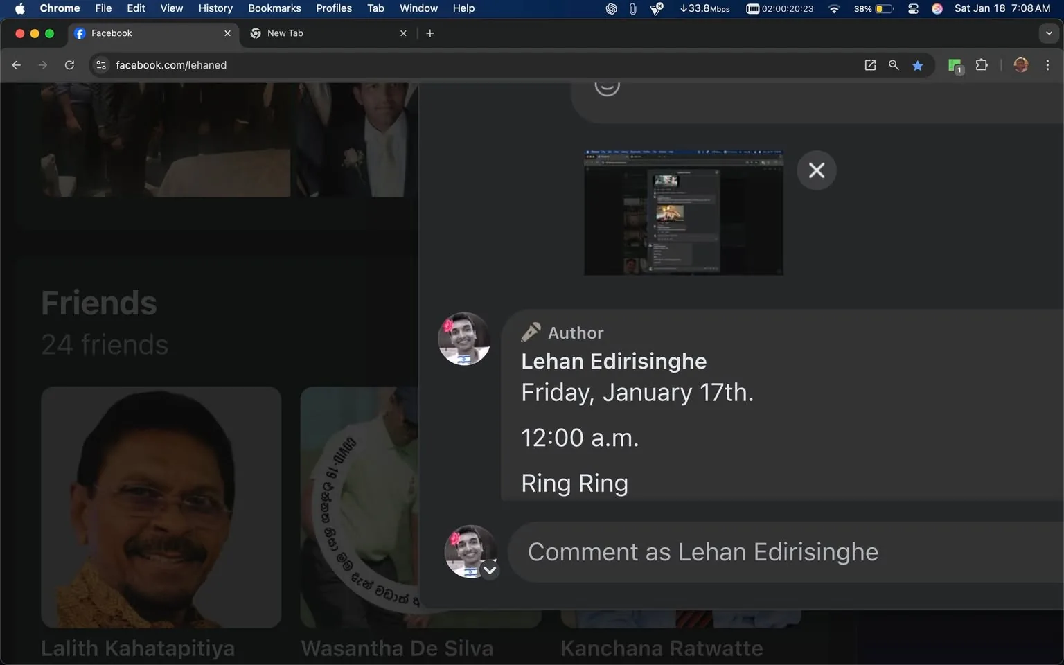 The image features a Facebook interface displaying a post authored by Lehan Edirisinghe, timestamped for Friday, January 17th at 12:00 a.m. The post includes the phrase "Ring Ring." Surrounding posts from the same day mention topics such as monitoring drug parties for minors, a reference to Eminem, and lyrics from the song "Toy Soldiers" by Martika. The context suggests a mix of personal commentary and music references, with a focus on serious themes like drug use and violence. The interface shows a dark theme typical of social media platforms, with a sidebar listing friends and other posts.