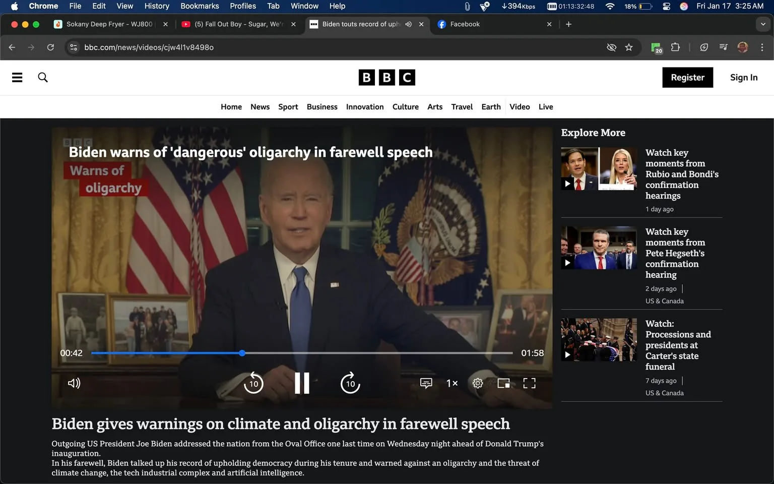 In the image, a political figure is seen delivering a speech from an indoor setting, likely the Oval Office, as indicated by the decor and background elements. The individual is dressed in a suit and tie, presenting a serious demeanor. Behind them, there are two flags, one of the United States and another that appears to be a presidential flag. A framed photograph is visible on the desk, along with other personal items. The text overlay prominently features phrases like "Biden warns of 'dangerous oligarchy'" and "Warns of oligarchy," suggesting the speech addresses significant political themes. The overall atmosphere is formal, and the setting is well-lit, indicative of a televised address.
