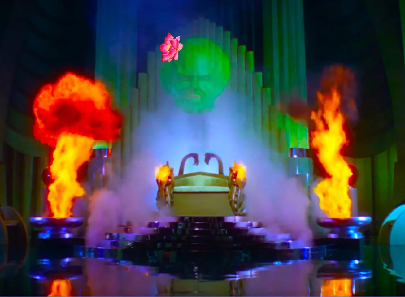 In a dramatic and colorful setting, a large, ornate throne sits at the center, flanked by flames and smoke. The throne is golden and features intricate designs, with two stylized figures resembling horses at its sides. Above the throne, a large green face looms, possibly representing a powerful figure, surrounded by vibrant lighting that shifts from green to blue. The background consists of tall, vertical structures that create a sense of grandeur. The atmosphere is charged with energy, enhanced by the fiery bursts on either side of the throne, contributing to a mystical and intense ambiance.