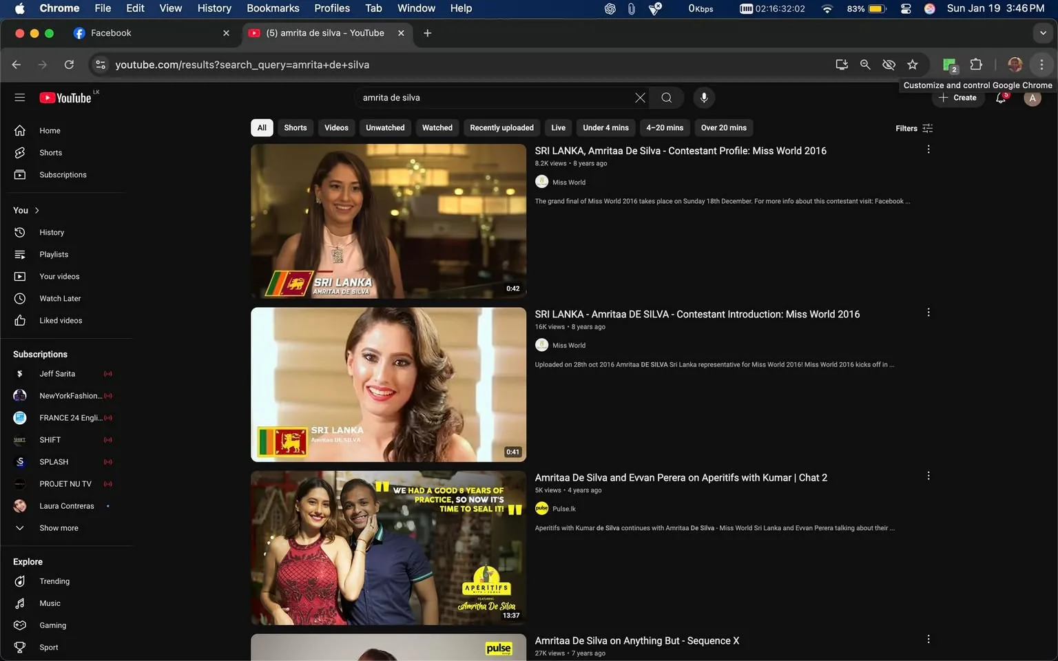 The image displays a YouTube search results page featuring videos related to a specific individual. The thumbnails show two women, both appearing to be contestants from Miss World 2016, identified with the text "SRI LANKA, Amrita De Silva." The first video has a duration of 42 seconds, while the second is 41 seconds long. The background is dark, typical of YouTube's interface, with a sidebar showing subscriptions and other navigation options. The visible text includes video titles and view counts, indicating the content is focused on beauty pageant profiles and introductions. There are no visible signs of violence or sexual content.