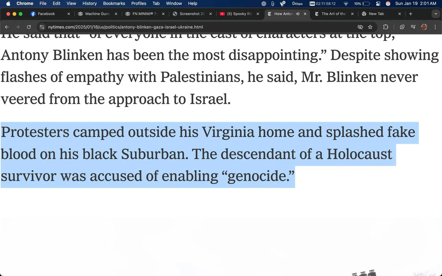 Protesters gathered outside the Virginia home of Antony Blinken, a prominent political figure, and splashed fake blood on his black Suburban vehicle. The text highlights the intensity of the protests, where Blinken, described as a descendant of a Holocaust survivor, faced accusations of enabling "genocide." This situation reflects a charged political atmosphere, likely related to ongoing conflicts and humanitarian issues. The mention of fake blood suggests a dramatic form of protest, indicating strong emotions and dissent among the demonstrators. The context implies a significant public response to Blinken's actions or policies, particularly regarding his stance on Israel and Palestine. The surrounding posts on social media also touch on themes of conflict and personal experiences, further emphasizing the charged nature of the discussions taking place.
