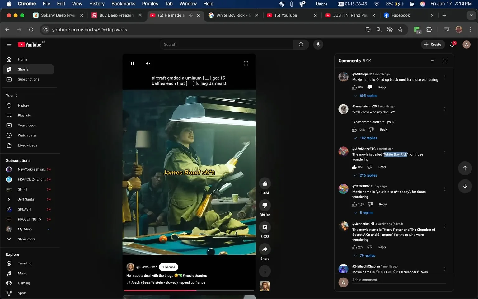 In the scene, an unidentified person is engaged in an activity that involves holding weapons, specifically two firearms, while standing near a pool table. The individual is wearing a green jacket and appears to be in a dimly lit indoor setting, likely a bar or recreational area. A large lamp illuminates the workspace, casting a focused light on the table. The text overlay reads "James Bond sh*t," suggesting a playful or dramatic context. In the background, there are other individuals, but their faces are not clearly visible. The atmosphere seems casual yet tense, likely reflecting a moment of action or preparation.