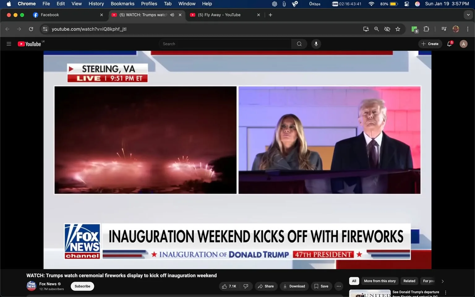 In the image, a political event is taking place, likely related to the inauguration of Donald Trump as the 47th President of the United States. The scene is split into two sections: on the left, a vibrant fireworks display lights up the night sky, creating a festive atmosphere. The right side features two individuals, one appearing to be Donald Trump, dressed in a dark suit, and the other, a woman with long blonde hair, wearing a gray coat. Both are positioned at a podium, seemingly observing the fireworks. Their expressions are serious, possibly reflecting the significance of the occasion. 

The background is illuminated with colorful lights, enhancing the celebratory mood. The lower part of the image includes a banner from Fox News, indicating that this is a live broadcast. The time displayed is 9:51 PM ET, suggesting that the event is occurring in the evening. The overall setting conveys a sense of grandeur and importance, typical of a presidential inauguration celebration.