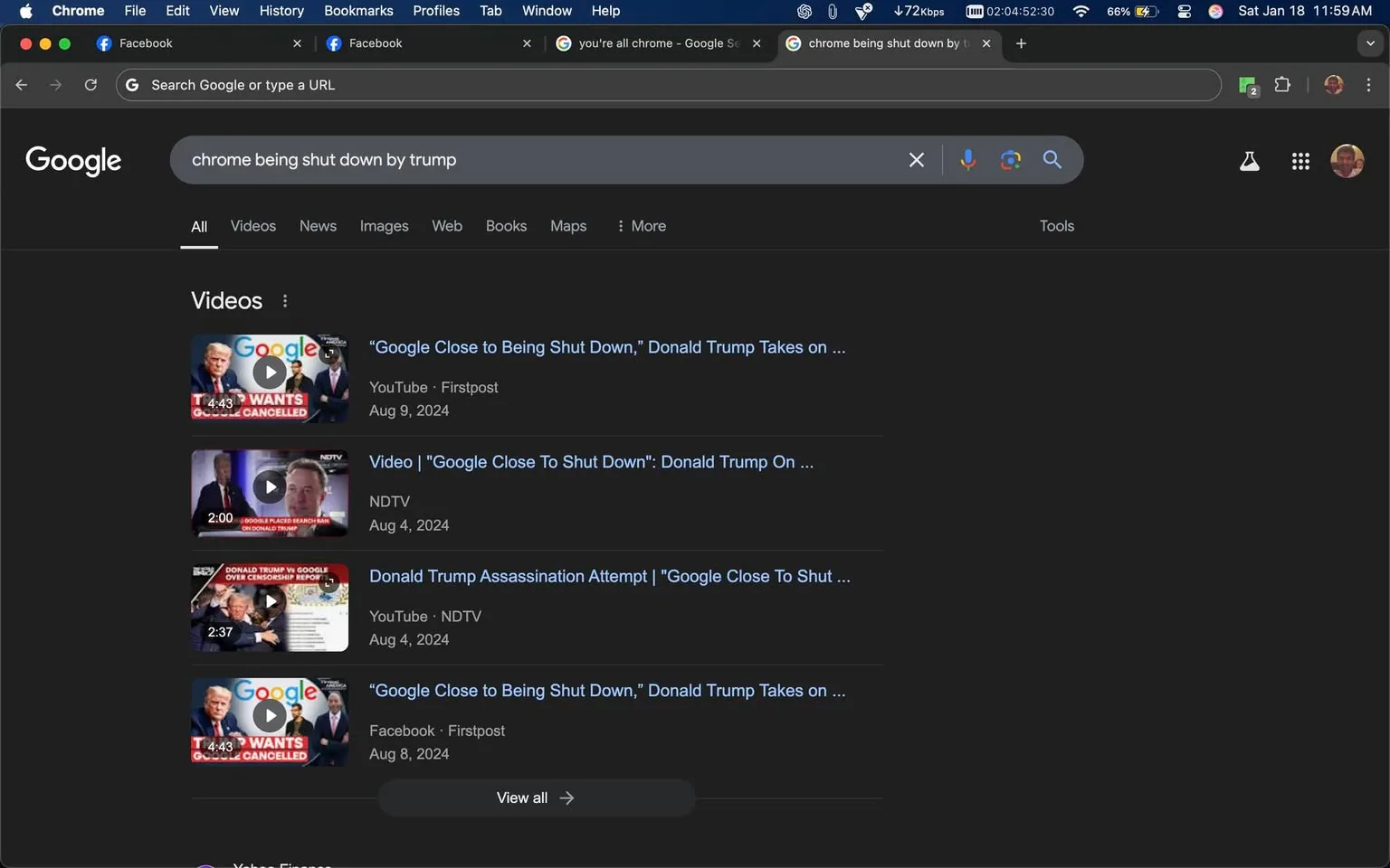 The search results display a query for "chrome being shut down by trump," leading to various video links. The first result is a YouTube video titled “Google Close to Being Shut Down,” dated August 9, 2024, featuring a duration of 4 minutes and 43 seconds. The second result is another video from NDTV, titled “Google Close To Shut Down,” dated August 4, 2024, with a duration of 2 minutes. The third entry discusses a “Donald Trump Assassination Attempt” and is also from NDTV, dated August 4, 2024, lasting 2 minutes and 37 seconds. The fourth result is a Facebook video, similar to the first, dated August 8, 2024. The interface is dark-themed, typical of a night mode setting, with visible icons for Facebook and Chrome in the browser's top bar.