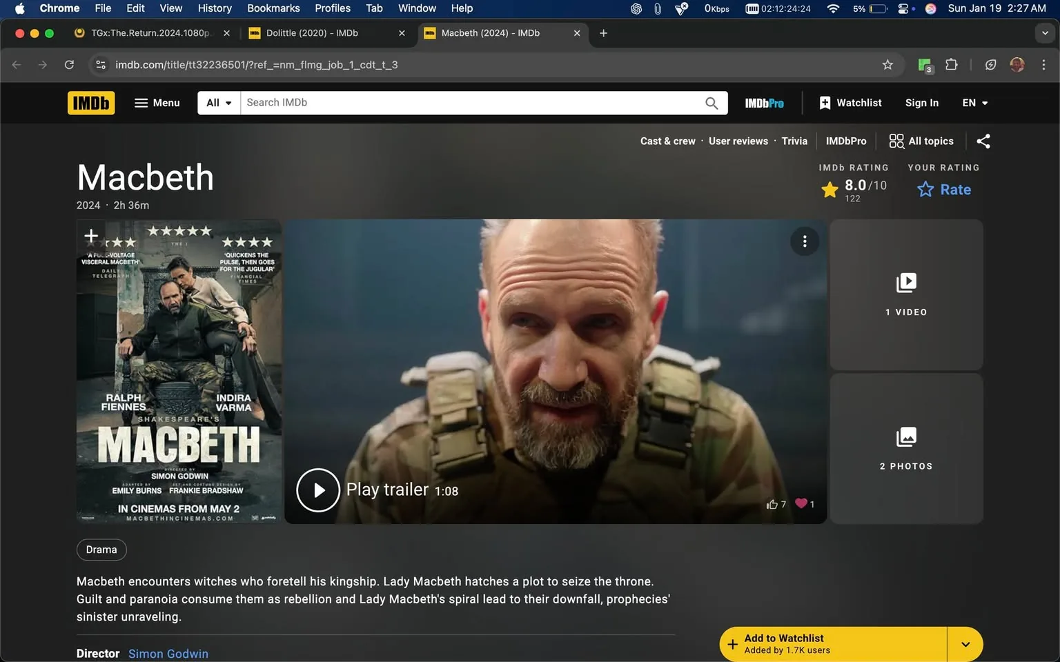 The image prominently features a film poster for "Macbeth," set to release in 2024. The poster includes the names of the lead actors, Ralph Fiennes and Indira Varma, and is directed by Simon Godwin. The visual depicts a rugged character, possibly Macbeth, wearing military-style clothing, which hints at a modern or reimagined interpretation of the classic Shakespearean play. The character's expression is intense, suggesting a dramatic moment in the narrative. 

The background is dark, enhancing the serious tone of the film, and the poster includes a star rating of 8.0/10, indicating positive reception. The text at the bottom describes the plot, mentioning themes of guilt, paranoia, and rebellion, which are central to the story of Macbeth. There are no visible logos or brands, and the overall setting appears to be cinematic, likely intended for promotional purposes. The absence of any explicit sexual content is noted, but the presence of violence is implied through the character's military attire and the dramatic context of the story.