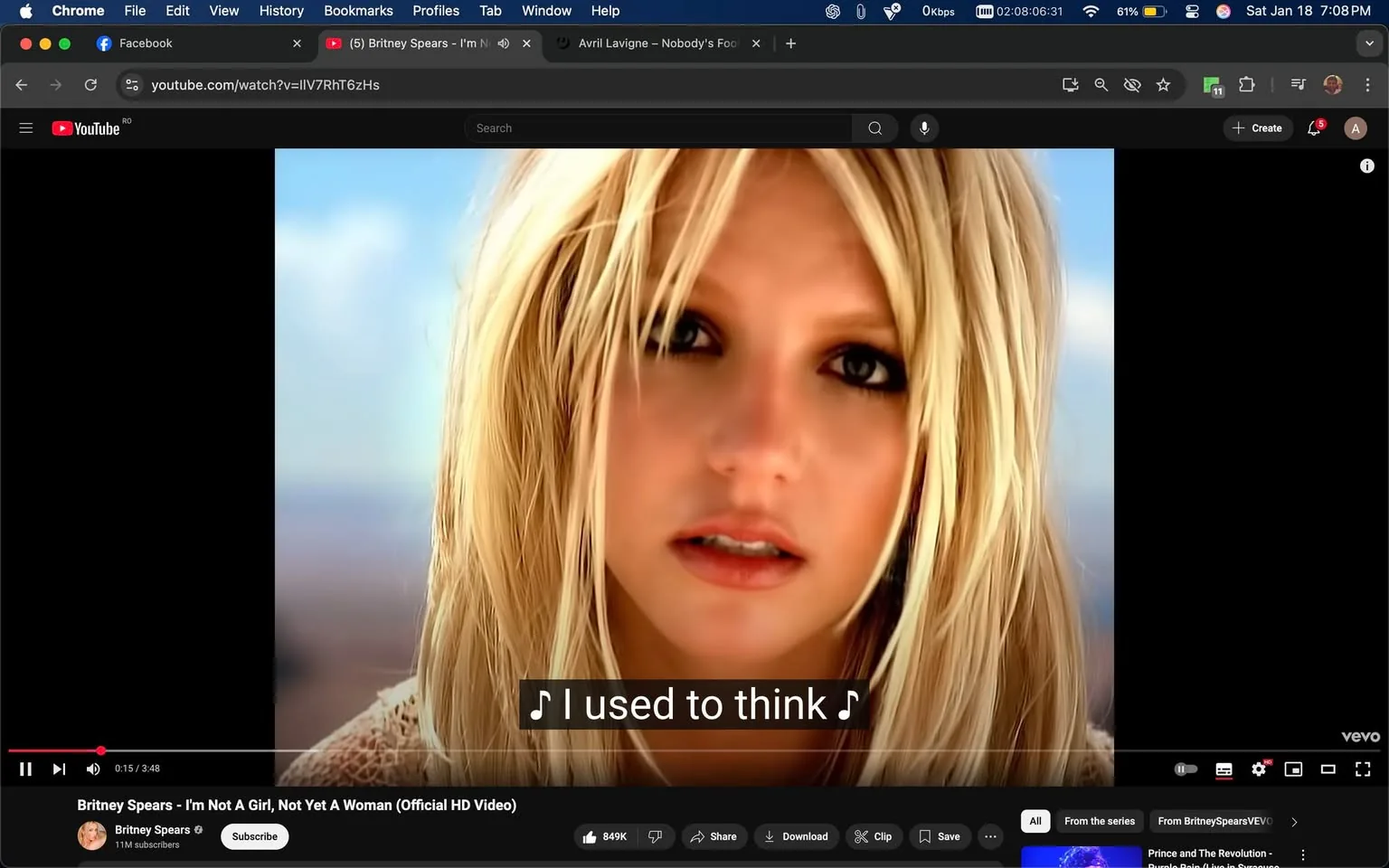 In the image, a close-up of a young adult with long, blonde hair is prominently featured. The individual has a serious expression, with dark eyeliner accentuating their eyes. The background is blurred, suggesting an outdoor setting with a bright sky. Overlaying the image is text from a song, indicating the lyrics "I used to think." The video appears to be from a music platform, as indicated by the interface elements visible at the bottom, including play controls and a subscriber count. There are no visible brands or logos in the image. The overall mood is reflective, aligning with the lyrical content.