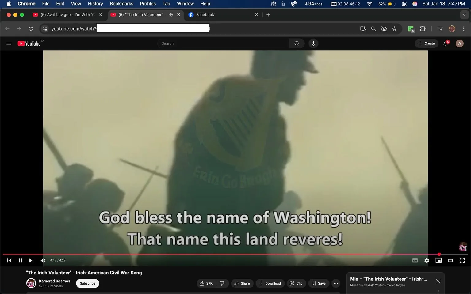 In the image, a soldier-like figure is prominently featured, appearing to be in a historical or military setting. The background is hazy, suggesting a battlefield or a similar environment. The figure is dressed in a uniform and is holding a weapon, indicating a military context. Below this figure, there is readable text that states, "God bless the name of Washington! That name this land reveres!" This text suggests a patriotic theme, likely related to the Irish-American Civil War song titled "The Irish Volunteer." The overall atmosphere is somber and reflective, typical of historical military depictions. The presence of weapons indicates a theme of conflict or battle.