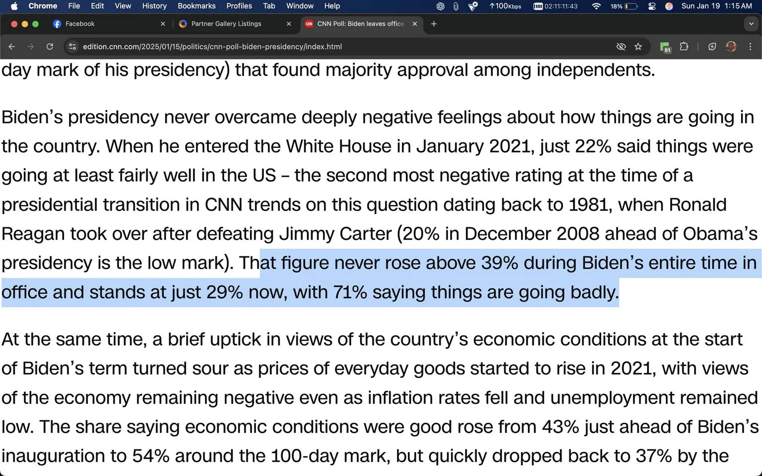 The text primarily focuses on a CNN article discussing the approval ratings of President Biden during his presidency. It highlights that Biden's approval never exceeded 39% and currently stands at 29%, with 71% of respondents indicating that things are going badly. The article also notes a brief uptick in views regarding the economy at the start of Biden's term, which quickly declined. Surrounding posts on the same day include various personal statements and song lyrics, particularly from Eminem and Martika, reflecting themes of struggle and resilience. The context suggests a mix of political commentary and personal expression, with no visible brands or logos present in the text. The content is primarily textual, with no images or additional visual elements to describe.