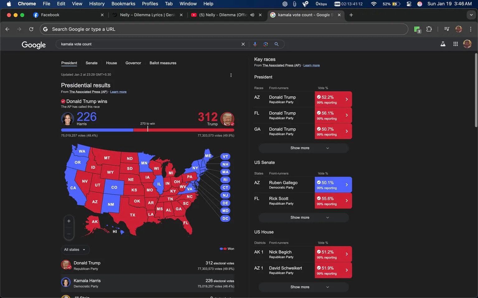 The image displays a Google search result page showing the presidential election results. The map of the United States is prominently featured, with states colored in red and blue to indicate the results for Donald Trump and Kamala Harris, respectively. Trump is shown with 312 electoral votes, while Harris has 226. The total votes cast are also displayed, with Trump receiving approximately 49.9% and Harris 48.4%. Below the map, there are sections detailing key races for the U.S. Senate and House, with specific percentages for candidates in Arizona and Florida. The overall layout is dark-themed, typical of a night-time browsing session, with various tabs open at the top, including social media and music lyrics.
