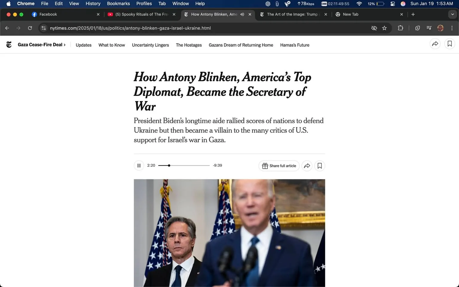 In the image, U.S. President Joe Biden is speaking at a podium, likely addressing a significant political issue. He is positioned in the foreground, slightly blurred, suggesting a focus on his speech. Behind him stands Antony Blinken, the U.S. Secretary of State, who appears attentive and serious, dressed in a dark suit with a light-colored shirt. The setting is indoors, indicated by the formal backdrop featuring multiple U.S. flags. The event seems to be related to foreign policy, particularly concerning Israel and Gaza, as suggested by the accompanying article title. The atmosphere is serious, reflecting the gravity of the topics being discussed. No visible logos or brands are present in the image, and there are no indications of violence or sexual content. The overall tone is one of political discourse, with both figures appearing engaged in a critical moment.