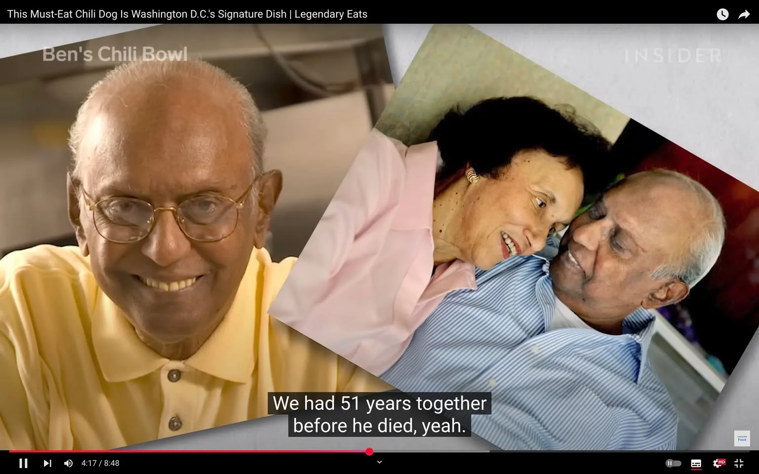 In the image, a man with glasses and a warm smile is prominently featured, wearing a light yellow polo shirt. He appears to be in a casual indoor setting, possibly a restaurant or kitchen, as indicated by the blurred background. The text overlay reads "Ben's Chili Bowl," suggesting a connection to this well-known establishment. 

Adjacent to him, there are two photographs of an older couple, who are smiling and looking affectionately at each other. The woman has dark, curly hair and is wearing a light pink blouse, while the man has gray hair and is dressed in a blue-striped shirt. The caption below the images states, "We had 51 years together before he died, yeah," indicating a deep emotional bond and a reflection on their long relationship. 

Overall, the image conveys themes of nostalgia, love, and the significance of personal connections, particularly in the context of food and community, as suggested by the mention of Ben's Chili Bowl.