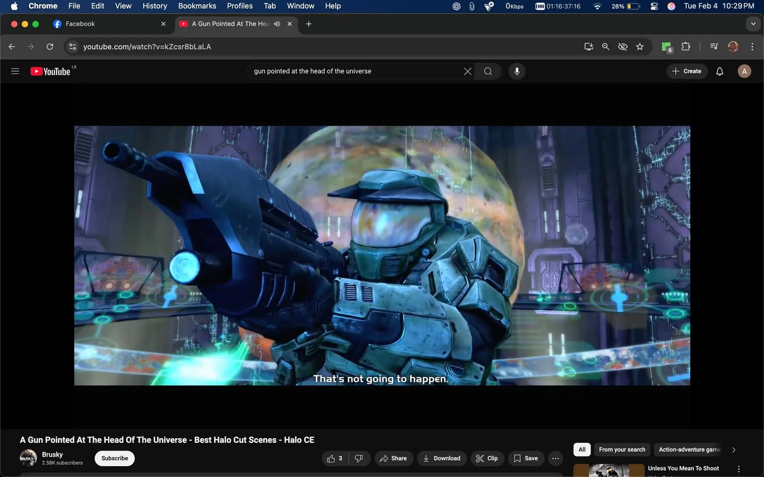 In the image, a character dressed in futuristic armor is prominently featured, holding a large weapon aimed forward. The armor is primarily green with some gray accents, and the character's helmet has a reflective visor that obscures their face. The background consists of a high-tech environment, with glowing elements and what appears to be a large celestial body, possibly a planet, visible behind them. The setting suggests a sci-fi theme, likely from a video game or animated series. 

Text appears on the screen, stating, "That's not going to happen," indicating a tense moment or confrontation. The weapon held by the character is detailed, with a sleek design and a prominent barrel, suggesting it is intended for combat. The overall atmosphere conveys a sense of urgency or conflict, typical of action-oriented narratives. There are no visible brands or logos in the image, and no sexual content is present. The focus is entirely on the character and their weapon within the dynamic sci-fi backdrop.