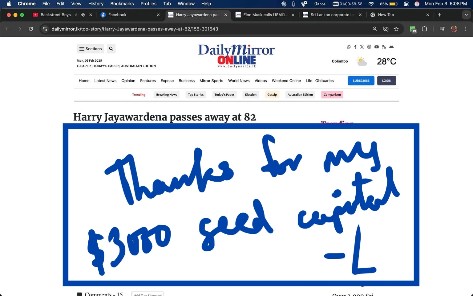 The article discusses the passing of Harry Jayawardena, a prominent Sri Lankan industrialist and businessman, at the age of 82. It notes his full name, Don Harold Stassen Jayawardena, and highlights his significant contributions to the corporate landscape in Sri Lanka. The article mentions his roles, including chairman of Melstacorp PLC and Honorary Consul General for Denmark in Sri Lanka. It also states that he was recognized as one of the richest individuals in the country by Forbes. The publication date is February 3, 2025, and the article is from the Daily Mirror, a Sri Lankan news outlet. The surrounding posts reflect personal messages, likely from social media, expressing emotional sentiments towards someone named Pauline, indicating a mix of longing and regret. These posts convey a narrative of complex relationships and emotional struggles, contrasting with the formal tone of the news article.