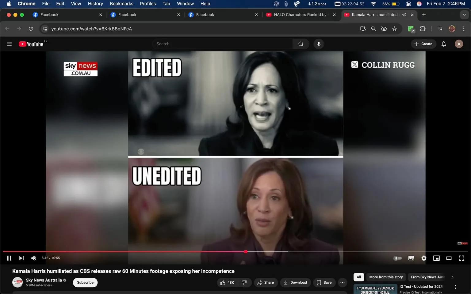 In the image, there are two side-by-side frames featuring a public figure, with the top labeled "EDITED" and the bottom labeled "UNEDITED." The top frame displays a black-and-white image of the individual, who appears to be expressing a strong emotion, possibly frustration or anger, with a serious facial expression. The bottom frame shows the same individual in color, appearing more relaxed and engaged, with a slight smile. The background in both frames is blurred, but the top frame has a more dramatic, shadowy quality, while the bottom frame is brighter and clearer.

The logo for "Sky News" is visible in the top left corner, indicating the source of the content. Below the frames, there is a timestamp showing the video duration, along with a title that suggests a critical commentary on the public figure's performance. The surrounding posts hint at a mix of personal reflections and business-related thoughts, indicating a broader conversation happening alongside the video content. The overall tone suggests a political critique, focusing on public perception and media representation.