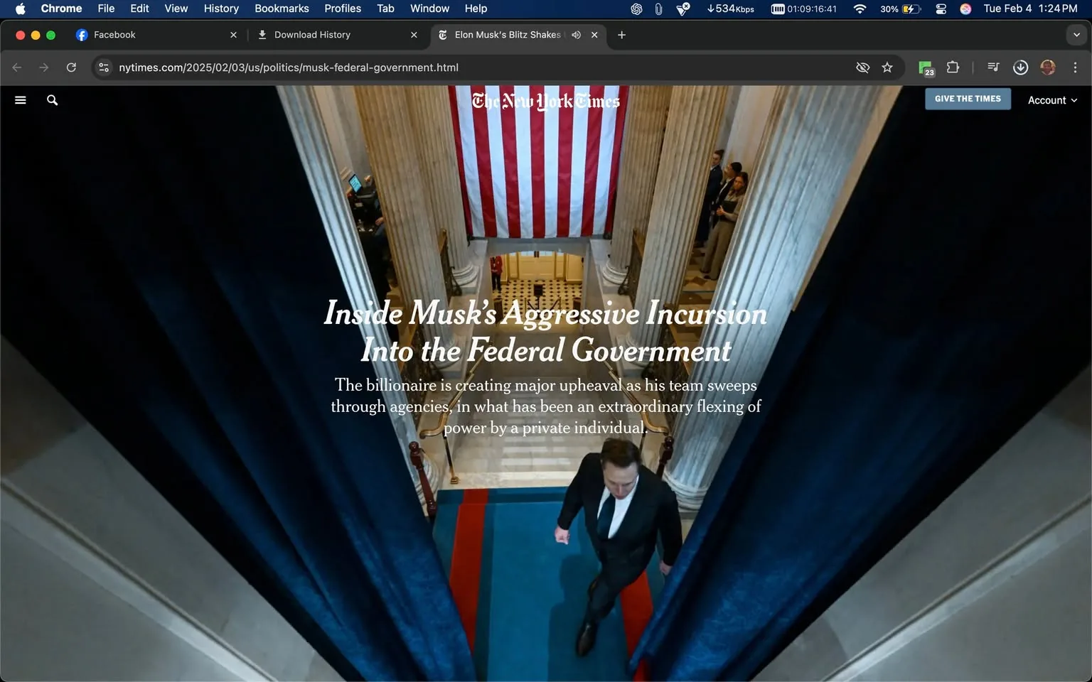 The image features a prominent article from The New York Times titled "Inside Musk’s Aggressive Incursion Into the Federal Government." The headline is displayed in large, bold font, with a subtitle that discusses the upheaval caused by Musk's team within government agencies. The background shows a grand indoor setting, likely a government building, with tall columns and an American flag prominently displayed. The scene is well-lit, suggesting a formal atmosphere. 

In the foreground, a man in a black suit is walking away from the camera, appearing to be in motion. He has short hair and is wearing a white shirt with a black tie. The floor has a red and blue carpet, adding to the formal decor. The setting appears to be a significant location, possibly related to political events or gatherings. 

Surrounding the image are various posts that express aggressive sentiments, including threats and derogatory language towards unnamed individuals. The tone of these posts is confrontational, with phrases indicating a desire for confrontation and disdain for others. The language used suggests a high level of frustration and anger, with references to financial threats and personal insults. Overall, the combination of the article's content and the surrounding posts creates a tense atmosphere, reflecting a contentious political climate.