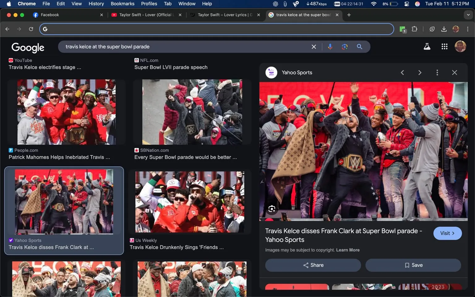 The image appears to be a collage of various posts related to a Super Bowl parade, specifically featuring Travis Kelce. The top section shows a Google search bar with the query "travis kelce at the super bowl parade." Below the search bar, there are multiple thumbnails from different sources, including YouTube, NFL.com, People.com, and Yahoo Sports, indicating articles or videos about the event.

In the thumbnails, several individuals are visible, predominantly wearing red clothing, which suggests they are supporters of a team, likely the Kansas City Chiefs, given the context of the Super Bowl. Some individuals are wearing hats, and there are visible logos on their clothing, including a championship belt that appears to be a WWE-style belt worn by one person, possibly indicating a celebratory or humorous context.

The background of the images is dominated by a bright red backdrop, likely a banner or stage decoration, which enhances the festive atmosphere of the parade. The individuals in the images are engaged in various actions, such as cheering, singing, and celebrating, with some appearing to hold drinks. Their expressions range from joyful to animated, reflecting the excitement of the event.

Overall, the setting is festive and celebratory, indicative of a public parade event celebrating a sports victory. The images capture a lively atmosphere with a focus on community and team spirit.