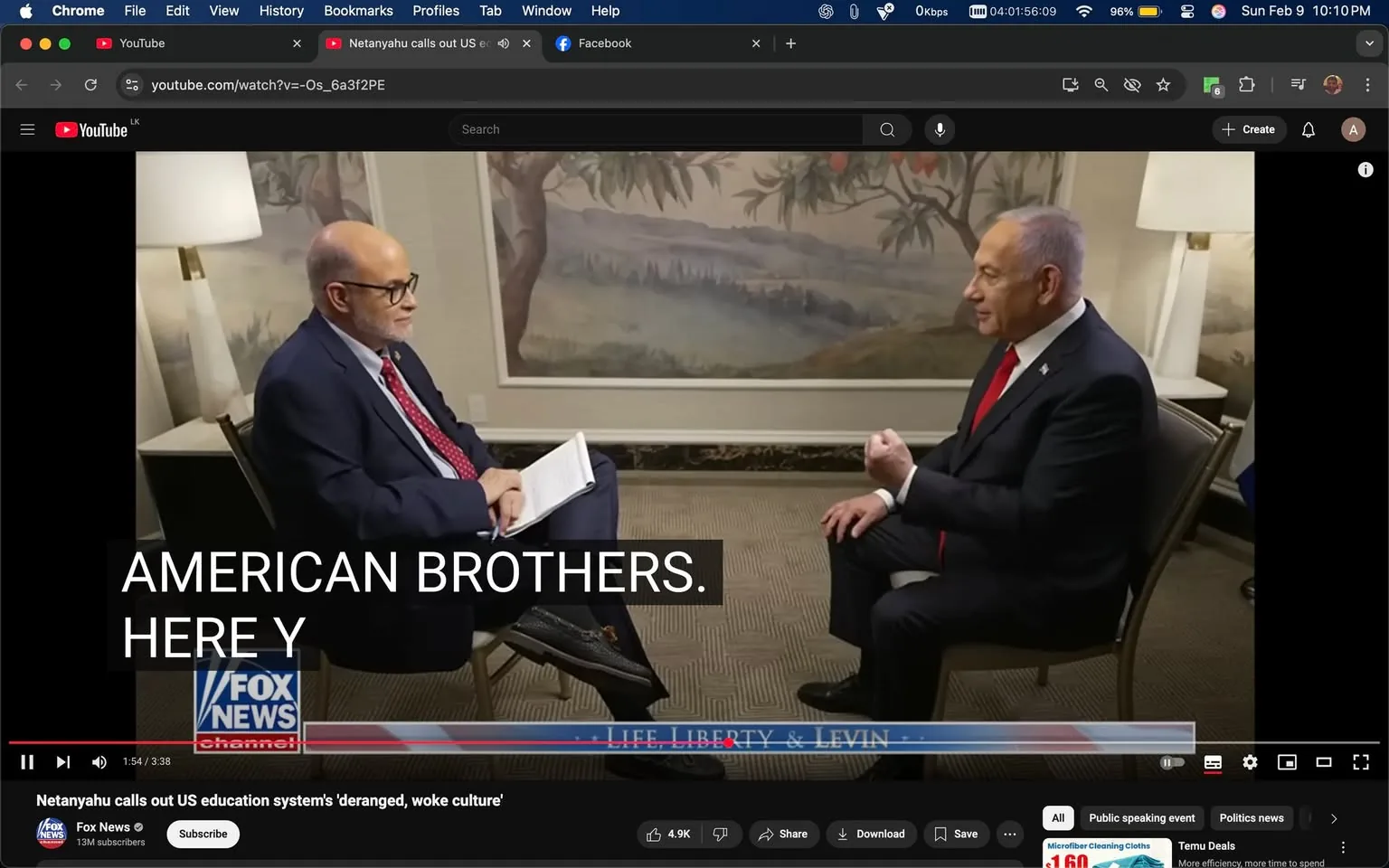 In the image, two men are engaged in an interview, likely discussing political topics. One man, identified as Netanyahu, is dressed in a formal suit with a red tie, gesturing with his hands as he speaks. The other man, seated across from him, appears to be taking notes and is also dressed in formal attire. The background features a soft, muted landscape painting, contributing to a professional atmosphere. The text overlay reads "AMERICAN BROTHERS," indicating a possible theme of unity or shared values. The logo of FOX NEWS is prominently displayed, suggesting that this interview is part of a broadcast segment. The setting is well-lit, with a lamp and a decorative wall behind the subjects, enhancing the formal tone of the discussion. There are no visible minors or any content that suggests violence, sexual themes, or substance use, keeping the overall tone appropriate for a general audience.