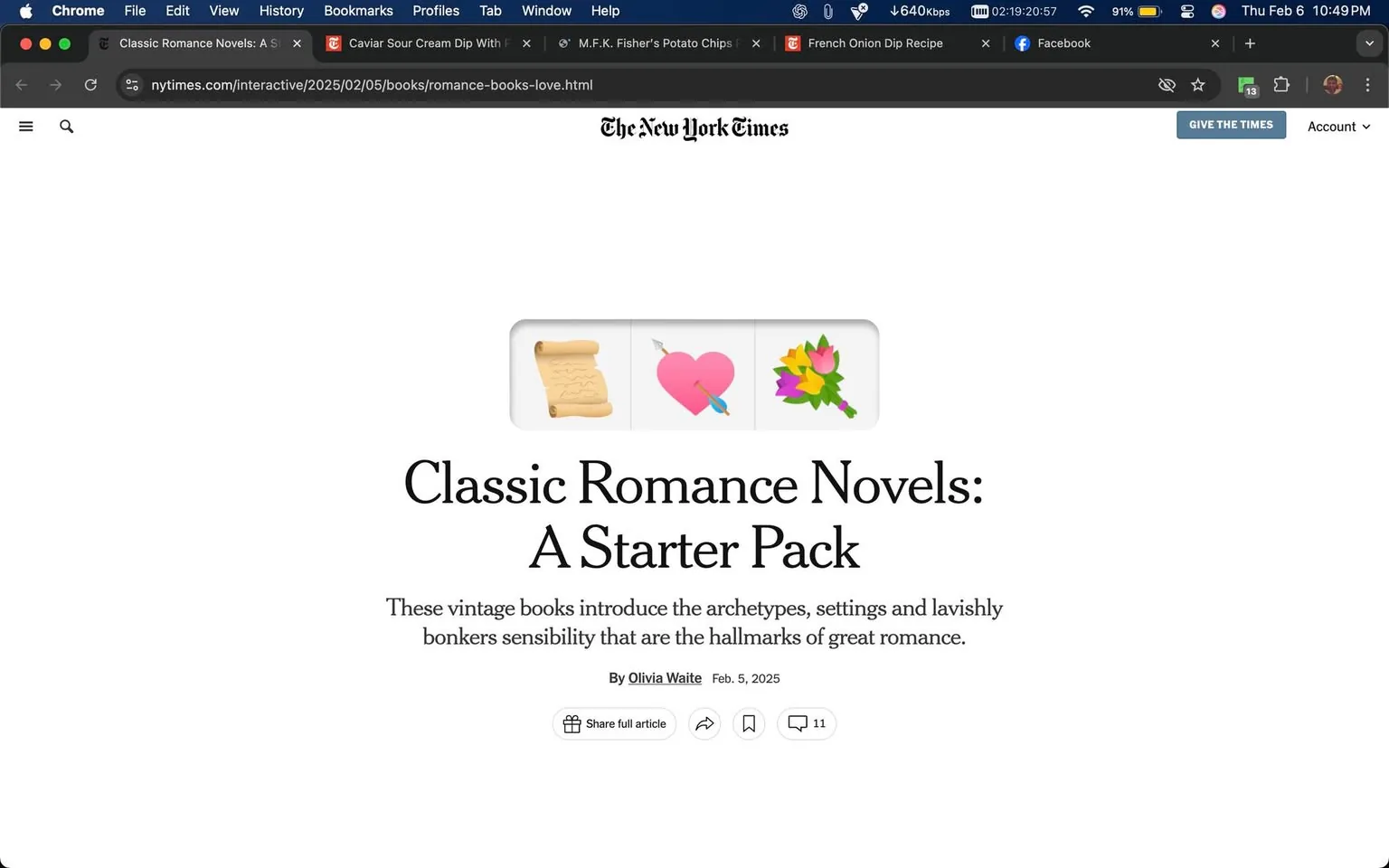 The image displays a webpage header from The New York Times, featuring an article titled "Classic Romance Novels: A Starter Pack." The title is prominently displayed in a large, bold font. Below the title, there is a brief description stating that the article discusses vintage books that introduce various archetypes, settings, and sensibilities characteristic of great romance. The author of the article is Olivia Waite, and the publication date is February 5, 2025. 

The header includes three emojis: a scroll, a heart with an arrow, and a bouquet of flowers, which visually represent themes of romance and storytelling. The background is predominantly white, creating a clean and minimalist aesthetic. The New York Times logo is visible at the top of the page, indicating the source of the content. There are also navigation elements visible at the top of the browser window, including tabs for bookmarks and history, but these do not pertain to the content of the article itself. Overall, the image conveys a focus on classic romance literature without any explicit or sensitive content.