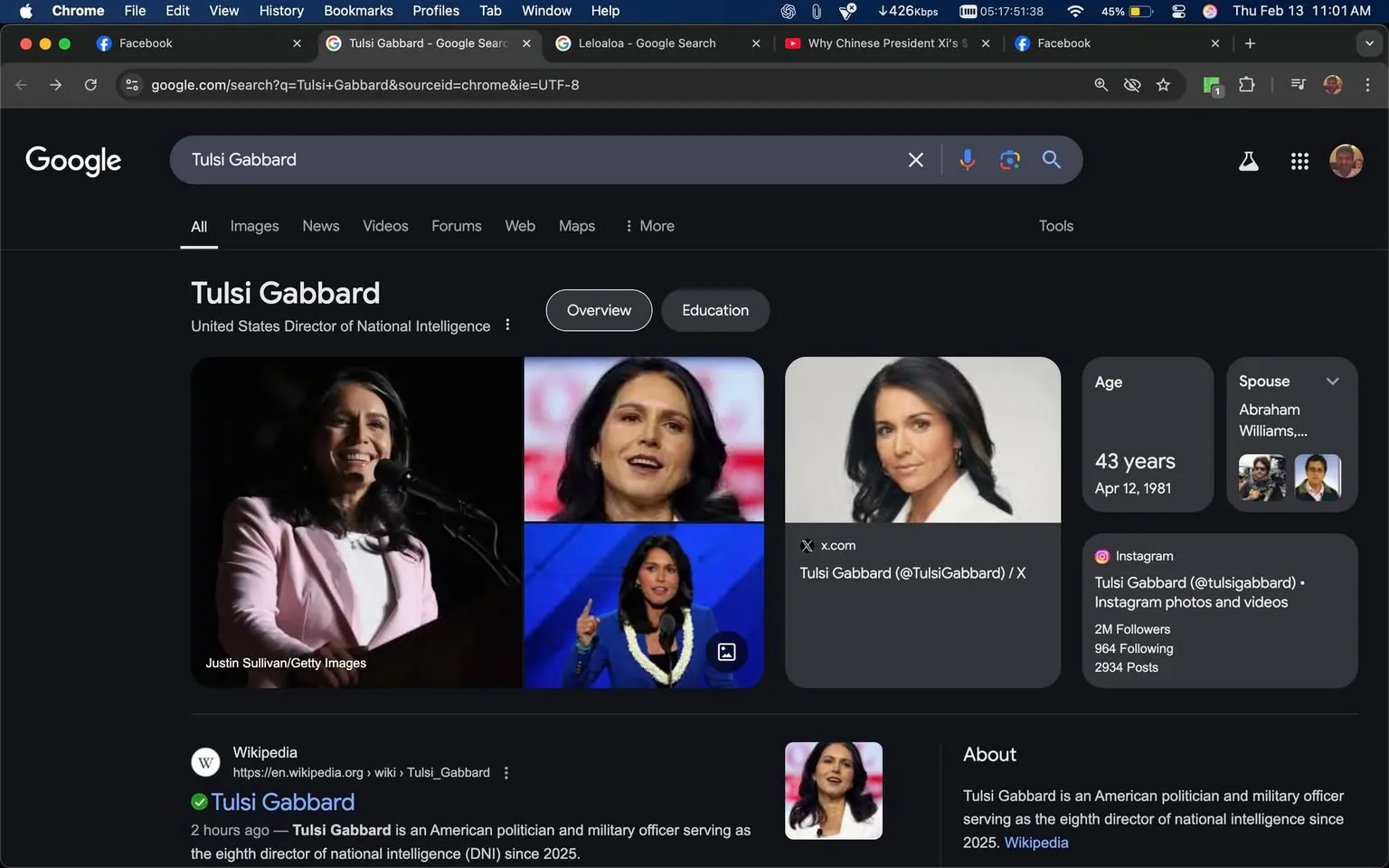 The image displays a Google search results page for "Tulsi Gabbard." The interface is dark-themed, with a search bar at the top that includes the query "Tulsi Gabbard." Below the search bar, there are various sections including "All," "Images," "News," "Forums," "Web," "Maps," and "More," indicating different types of search results.

On the left side, there is a prominent image of a woman, identified as Tulsi Gabbard, who is smiling and holding a microphone. She is wearing a light pink blazer over a black top. Her hair is dark and wavy, falling past her shoulders. The background appears to be a stage or podium setting, suggesting a public speaking event.

Next to this image, there are additional smaller images of the same woman, showing her in different poses and settings. One image features her with a serious expression, while another shows her gesturing with her hand, possibly during a speech. The images are framed in a rectangular format.

Below the images, there is a section labeled "Wikipedia," which provides a brief description stating that Tulsi Gabbard is an American politician and military officer serving as the eighth director of national intelligence since 2025. 

On the right side of the screen, there are details about her age (43 years, born April 12, 1981) and her spouse, Abraham Williams. There are also icons for her social media presence, including Instagram, which indicates she has 2 million followers and 2,934 posts.

Overall, the layout is organized with clear sections for images, information, and social media links, all focused on the individual Tulsi Gabbard.
