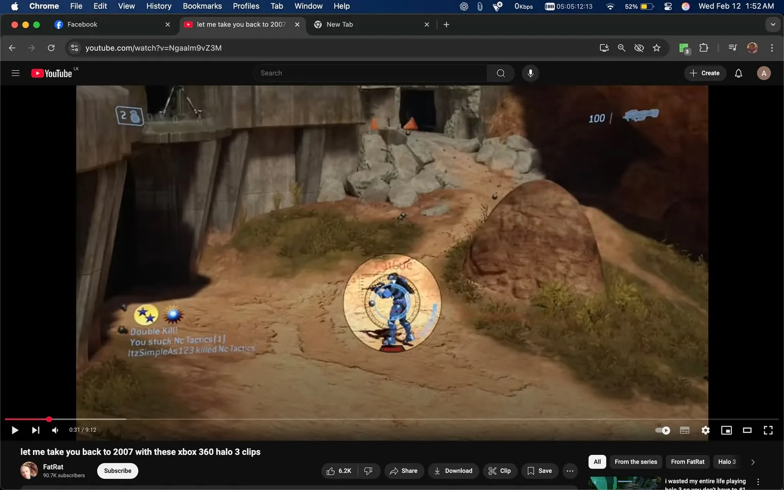 The image displays a scene from a video game, specifically from "Halo 3." The gameplay is shown in a landscape that features a rocky terrain with a mix of dirt and grass. In the foreground, there is a large, rounded rock and some smaller stones scattered around. The environment appears to be a mix of natural and constructed elements, with a concrete structure visible in the background, suggesting a military or industrial setting.

In the center of the image, a blue character, likely a player avatar, is depicted in a combat stance. The character is wearing armor typical of the "Halo" series, characterized by its futuristic design and blue color. The character is holding a weapon, and a circular HUD (Heads-Up Display) surrounds them, indicating health and ammo status. The HUD features a compass-like design with numerical indicators, showing "100" for health and "2" for grenades.

Below the character, there is text indicating a "Double Kill" achievement, along with usernames of players involved in the game. The text is displayed in a stylized font, typical of gaming interfaces. The video player interface is visible at the bottom of the image, showing controls for play, share, download, and save options, along with the title of the video: "let me take you back to 2007 with these xbox 360 halo 3 clips."

The upper part of the image shows a portion of a web browser, with tabs for Facebook and YouTube, indicating that the video is being viewed online. The time displayed on the browser suggests it is early morning. The overall color palette of the image includes earthy tones from the terrain, contrasted with the blue of the character's armor and the gray of the concrete structure. 

There are no identifiable people in the image, as it focuses solely on the video game scene. The setting is clearly a virtual environment designed for gameplay, with no real-world context or identifiable brands beyond the game itself.