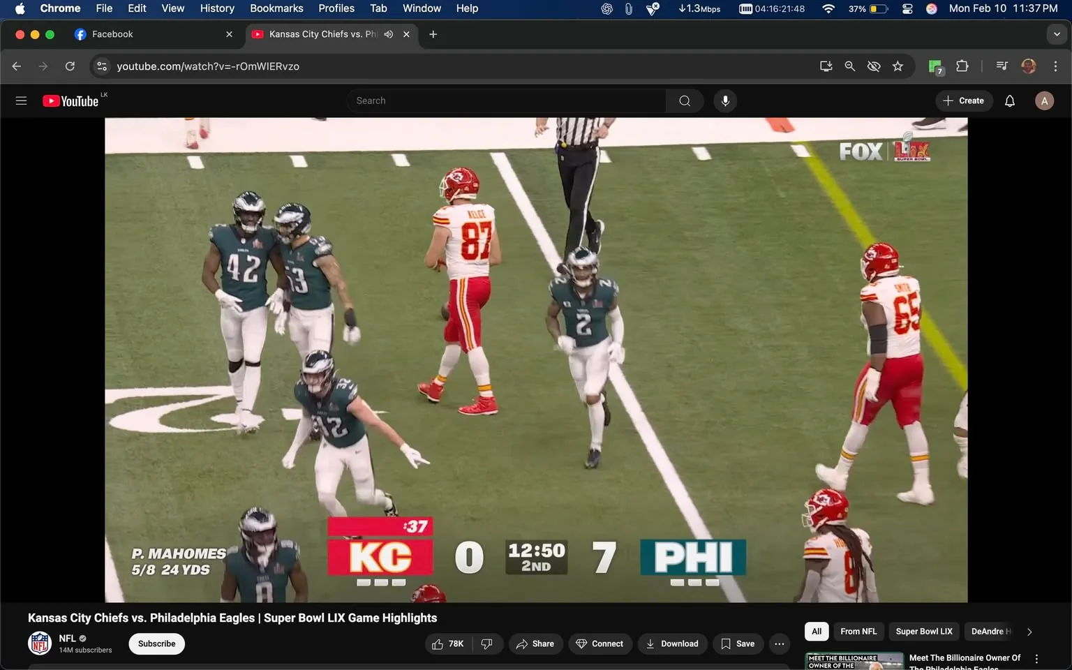 The image depicts a scene from a football game, specifically a moment during the Super Bowl, featuring the Kansas City Chiefs and the Philadelphia Eagles. 

**Text and Logos:**
- At the bottom left, there is a logo for the NFL, which is a shield shape with stars and stripes, indicating the National Football League.
- The score is displayed prominently: "KC 0" for the Kansas City Chiefs and "PHI 7" for the Philadelphia Eagles, indicating the Eagles are leading.
- A timer shows "12:50" in the second quarter, with a red indicator next to "KC" suggesting a time advantage.
- The name "P. MAHOMES" is visible, along with statistics showing "5/8 24 YDS," indicating the performance of the player, likely Patrick Mahomes.

**People and Clothing:**
- In the foreground, there are several players from the Philadelphia Eagles, wearing dark green jerseys with white numbers. The jersey numbers visible include "42" and "32." The players appear to be in a huddle or discussing a play.
- One player, wearing number "2," is gesturing with his right hand, while another player, number "42," stands next to him, looking towards the field.
- A player from the Kansas City Chiefs, wearing the number "87" jersey, is in the background. His jersey is red with yellow accents, and he is holding a football, appearing to be preparing for the next play.
- Another Kansas City player, wearing number "65," is also visible, dressed in a red jersey with white and yellow stripes.

**Setting and Background:**
- The field is marked with white lines, typical of American football fields, and there is a green turf surface.
- The background shows a referee in black and white stripes, indicating the officiating presence on the field.
- The environment suggests a stadium setting, likely filled with spectators, although they are not visible in this particular frame.

Overall, the image captures a dynamic moment in a professional football game, highlighting player interactions, team colors, and game statistics.