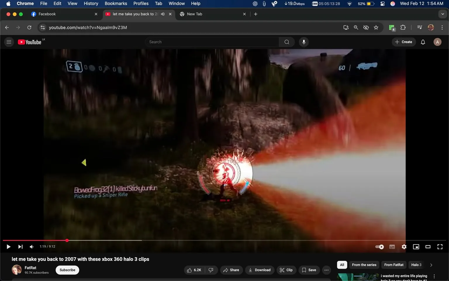 The image shows a scene from a video game, specifically a gameplay clip from "Halo 3." The screen displays a character in a forested environment, with trees and rocky terrain visible in the background. The character appears to be engaged in combat, indicated by the bright red beam emanating from a weapon, which is aimed at an opponent. 

In the top left corner, there are HUD elements showing the player's status, including a number "2" and a series of icons that likely represent grenades or other equipment. Below this, the text "BowedFrog32(1) killed StickyJunkFun" is displayed, indicating a player kill in the game. The phrase "Picked up a Sniper Rifle" is also visible, suggesting that the character has acquired a new weapon.

The character is depicted in a stylized, futuristic armor typical of the Halo series, with a visor that reflects the environment. The overall color palette includes greens and browns from the forest, contrasted with the bright red of the weapon's beam.

The video is hosted on YouTube, as indicated by the interface at the bottom of the image, which includes options for sharing, downloading, and saving the video. The title of the video, "let me take you back to 2007 with these xbox 360 halo 3 clips," is visible above the video player. The creator's name, "FatRat," and the subscriber count of "90.7k" are also displayed, along with a timestamp showing the video is at 1:19 out of a total of 9:12 minutes. 

The surrounding posts visible in the image appear to be comments or interactions related to the video, but their content is not directly relevant to the visual description of the image itself.