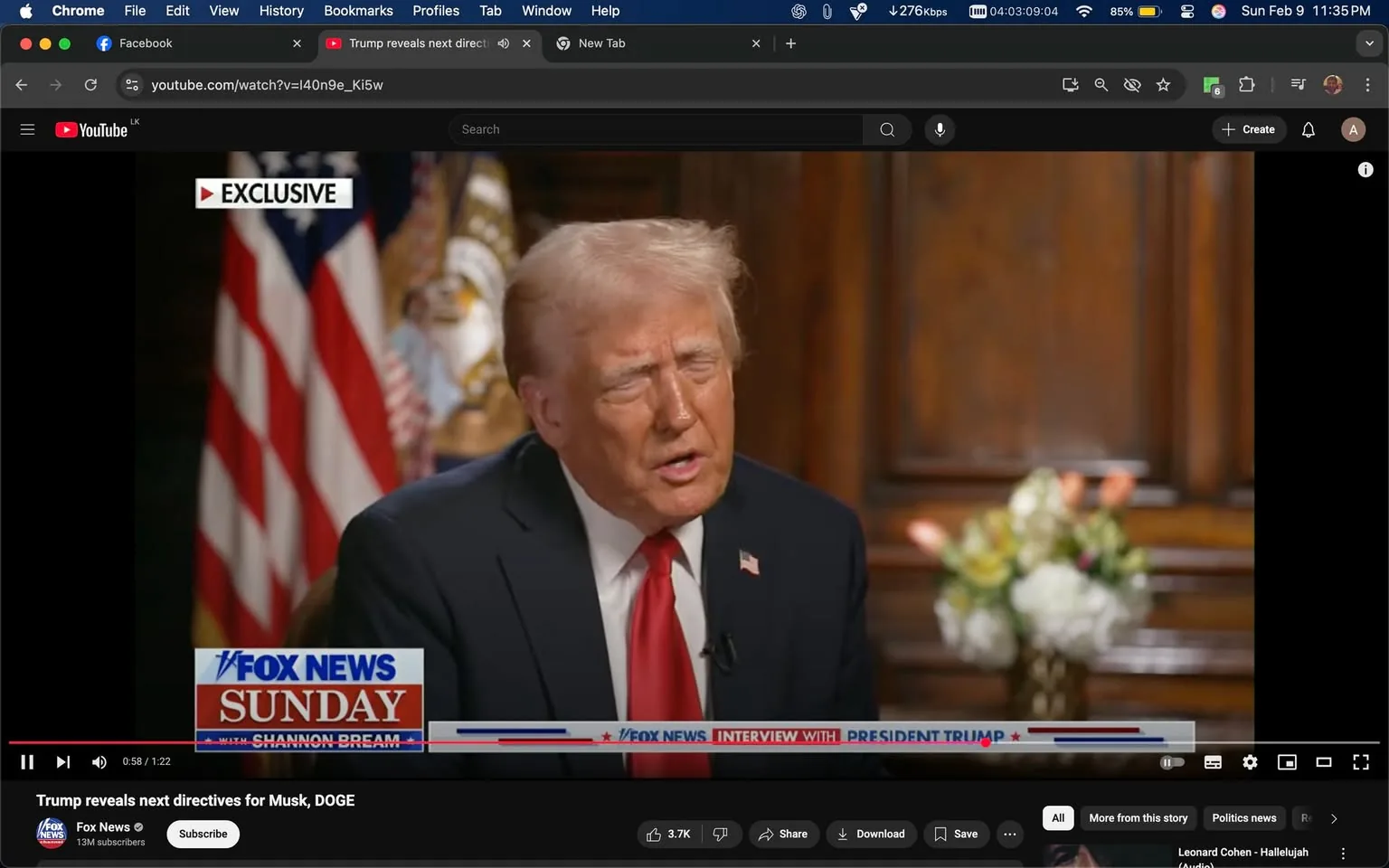The image depicts a televised interview segment featuring a prominent public figure, likely Donald Trump, as indicated by the text overlay stating "Interview with President Trump." He is seated in a well-furnished indoor setting characterized by rich wooden paneling and a decorative floral arrangement in the background. The American flag is visible, suggesting a patriotic context. The logo for "FOX NEWS" is prominently displayed, indicating the network broadcasting the interview. The overall atmosphere appears formal, typical of political interviews, with the subject engaged in discussion. There are no visible minors or any content that suggests violence, sexual themes, or substance use. The focus remains on the interviewee and the political discourse, aligning with the standard expectations for such media content.