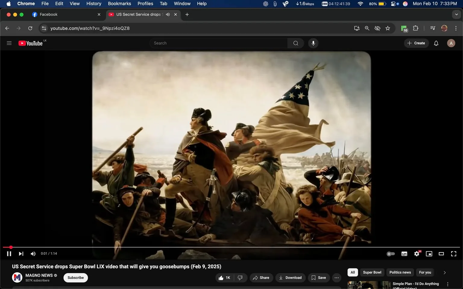 The image depicts a historical scene reminiscent of the famous painting "Washington Crossing the Delaware." In the foreground, a group of soldiers is seen in a boat navigating through icy waters. The soldiers are dressed in 18th-century military attire, featuring a mix of dark and light colors, with some wearing hats typical of that era, such as tricorn hats and military caps.

One prominent figure stands at the front of the boat, holding a flag that displays a blue field with white stars, suggesting it is an early version of the American flag. This figure appears to be leading the group, with a determined expression. Other soldiers are positioned around him, some rowing with oars, while others are looking forward, focused on their mission.

The background features a cloudy sky with a light color palette, indicating a possibly overcast day. The water is choppy, with visible ice chunks floating, enhancing the sense of a challenging journey. In the distance, there are hints of more boats and figures, suggesting a larger group or fleet.

At the bottom of the image, there is a YouTube interface visible, with a play button, a timeline, and various controls for video playback. The title of the video is displayed as "US Secret Service drops Super Bowl LIX video that will give you goosebumps," along with the date "Feb 9, 2025." The channel name "MAGNO NEWS" is also visible, along with a subscriber count of 507K. 

Overall, the image captures a moment of historical significance, emphasizing themes of leadership and perseverance against adversity.