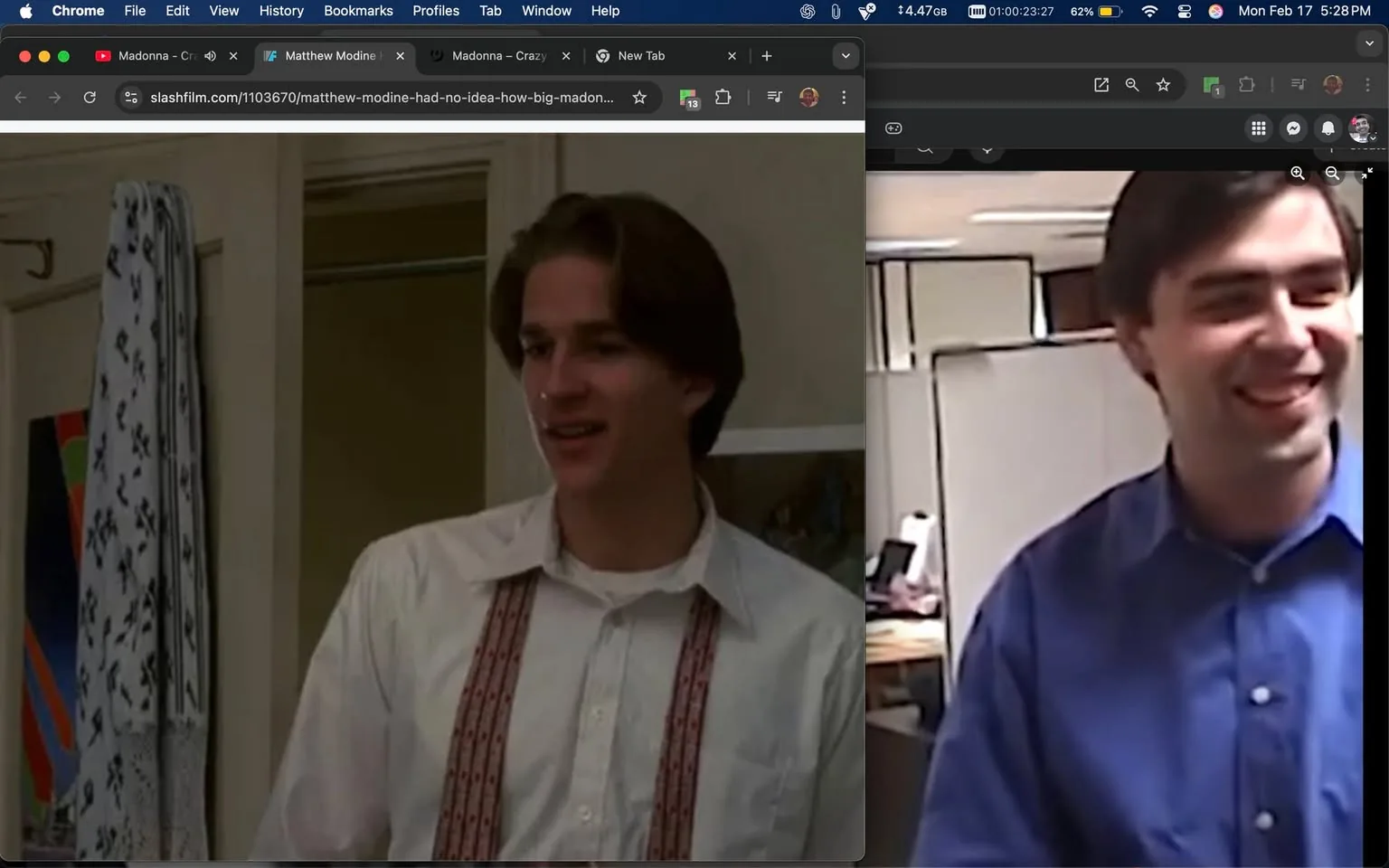 The image displays two separate frames side by side. 

On the left, a young man is depicted in a room. He has medium-length, slightly wavy brown hair and is wearing a white shirt with a collar. The shirt features a patterned design with red and brown stripes running vertically down the front. He appears to be smiling or engaged in conversation, with a slight tilt of his head. The background shows a light-colored wall with a door partially visible, and there is a patterned cloth hanging on the wall, possibly a towel or a decorative piece. Additionally, a colorful abstract painting or poster is visible on the wall behind him.

On the right, another man is shown in an office setting. He has short, dark brown hair and is wearing a blue button-up shirt. He is smiling broadly, and his expression appears friendly and approachable. The background consists of office cubicles with a whiteboard or partition visible behind him. There are some objects on a desk in the background, but they are not clearly defined. The lighting in this frame appears bright, suggesting a well-lit office environment.

Both images are captured in a casual context, with the left frame suggesting a more personal or informal setting, while the right frame indicates a professional atmosphere. No text, logos, or identifiable brands are present in either frame.