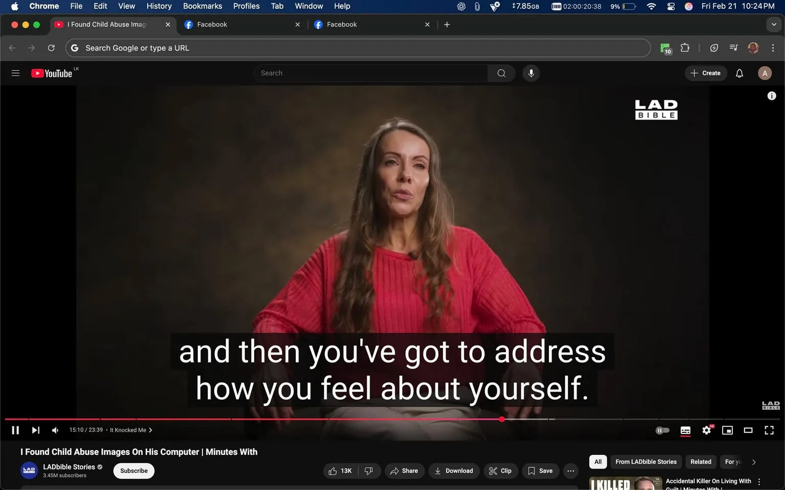 The image depicts a video still from a YouTube presentation. The video is titled "I Found Child Abuse Images On His Computer | Minutes With" and is produced by LADbible Stories, as indicated by the logo in the top right corner. The video has a total duration of 23 minutes and 39 seconds, with the current timestamp showing 15 minutes and 10 seconds.

In the foreground, a woman is seated, facing the camera. She has long, wavy hair that appears to be light brown or blonde. Her expression is serious, and she is speaking, as indicated by the subtitles displayed at the bottom of the image. The subtitles read: "and then you've got to address how you feel about yourself." 

The woman is wearing a bright red, ribbed sweater that has a loose fit, with the sleeves slightly rolled up. She is also wearing light-colored pants, which are not fully visible due to the framing of the shot. Her hands are resting on her knees, and she appears to be engaged in a thoughtful discussion.

The background is a gradient of dark colors, transitioning from brown to black, which creates a somber and focused atmosphere. There are no visible objects or distractions in the background, emphasizing the speaker. 

The video interface includes standard YouTube controls at the bottom, such as the play/pause button, a timeline slider, and options to like, share, or save the video. The view count is displayed as 3.54 million subscribers for the channel, indicating a significant audience reach.

Overall, the image captures a moment of a serious conversation, with a focus on the speaker and the content being discussed, framed within a professional video production context.