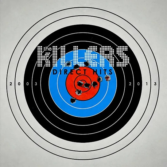 The image features a graphic design that resembles a shooting target. The target consists of concentric circles in alternating colors: black, white, blue, and red. The innermost circle is blue, surrounded by a red circle, which is then encircled by a white ring, and finally a black outer ring. 

In the center of the target, the text "the KILLERS" is prominently displayed in a bold, stylized font. The letters are white with a dotted pattern, giving them a distinctive appearance. Below this, the words "DIRECT HITS" are written in a smaller font, also in white. The years "2003" and "2013" are placed at the bottom left and bottom right of the target, respectively, indicating a time span.

Additionally, there are several bullet holes visible in the target, particularly in the blue and red circles, which adds a dramatic effect to the design. The overall color scheme is primarily monochromatic with splashes of blue and red, creating a striking visual contrast.

The background of the image is a light gray, which helps the target and text stand out more prominently. There are no people, objects, or additional elements present in the image, focusing solely on the target design and text. The overall aesthetic suggests a theme related to music or a band, specifically referencing the band "The Killers."