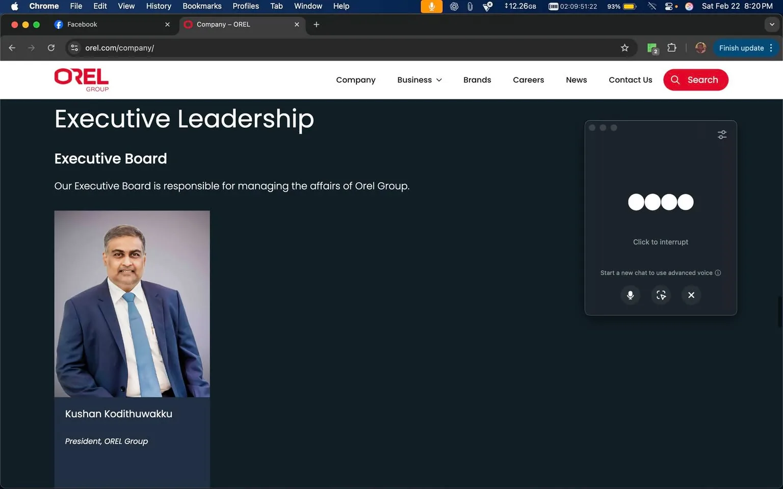The image displays a webpage from the OREL Group, specifically the "Executive Leadership" section. The background is dark, likely navy blue, providing contrast to the text and images. At the top, the logo "OREL" is prominently displayed in red, followed by the word "GROUP" in smaller text. 

The main heading reads "Executive Leadership," indicating the focus of the page. Below this, there is a subheading titled "Executive Board," which states, "Our Executive Board is responsible for managing the affairs of Orel Group." This text is white, ensuring readability against the dark background.

To the left of the text, there is a professional photograph of a man named Kushan Kodithuwakku, who is identified as the "President, OREL Group." He is dressed in a dark suit with a white shirt and a light blue tie. His expression appears neutral, and he is looking directly at the camera. The photograph is framed within a light-colored border, contrasting with the dark background of the webpage.

In the upper right corner, there is a search icon in red, alongside other navigation options such as "Company," "Business," "Brands," "Careers," "News," and "Contact Us," all in white text. A small voice input interface is visible in the bottom right corner, indicating functionality for voice commands.

Overall, the layout is clean and professional, with a focus on the leadership figure and the organizational structure of the OREL Group. The design emphasizes clarity and accessibility of information regarding the company's executive leadership.