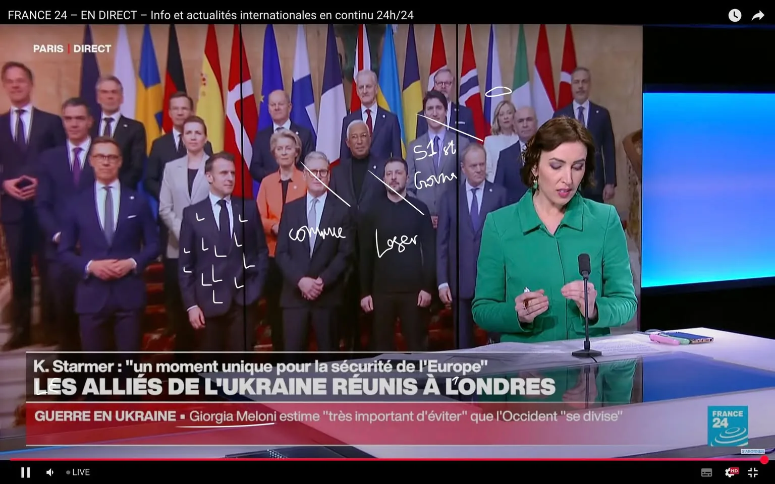 The image features a news broadcast from France 24, with a prominent female presenter positioned in the foreground on the right side. She is wearing a green blazer and appears to be speaking into a microphone. Her hair is styled in loose waves, and she is holding a pen and some notes in her left hand. The background consists of a group of individuals standing together, likely representing various political leaders or officials, as indicated by their formal attire.

In the background, there are multiple flags displayed, including those of European countries, which suggest that this is a gathering related to international relations or diplomacy. The individuals in the background are dressed in formal clothing, with some wearing suits and ties, while others are in blazers or dresses. Their expressions are neutral, and they appear to be posing for a photograph.

The text at the bottom of the image reads: "K. Starmer: 'un moment unique pour la sécurité de l'Europe' LES ALLIÉS DE L'UKRAINE RÉUNIS À LONDRES," indicating that the event is related to Ukraine and European security. There are also handwritten annotations on the image, including words like "commune," "loser," and "gonna," which appear to be informal comments or critiques directed at the individuals in the background.

The setting appears to be indoors, possibly in a government building or conference center, given the formal nature of the event and the decor. The lighting is bright, and the overall atmosphere suggests a significant political meeting or press conference. The image captures a moment of public engagement, likely related to current events concerning Ukraine and European alliances.