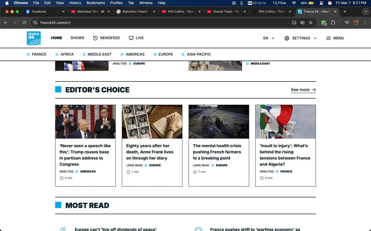 The image displays a screenshot of the France 24 website, specifically the homepage. The layout is structured with a top navigation bar that includes options such as "HOME," "SHOWS," "NEWSFEED," and "LIVE." Below this, there are categories labeled "FRANCE," "AFRICA," "MIDDLE EAST," "AMERICAS," "EUROPE," and "ASIA-PACIFIC," indicating the geographical focus of the news content.

The section titled "EDITOR'S CHOICE" features four articles, each accompanied by a thumbnail image and a brief description. The first article discusses a speech by Trump, with the headline reading: “Never seen a speech like this’: Trump rouses base in partisan address to Congress.” The accompanying image likely depicts Trump speaking, as indicated by the context, but the image itself is not visible in the screenshot.

The second article is titled “Eighty years after her death, Anne Frank lives on through her diary,” with a thumbnail showing a hand on a diary, suggesting a historical or literary focus. The third article, “The mental health crisis pushing French farmers to a breaking point,” features an image of individuals sitting on a road, indicating a rural or agricultural context. The fourth article, “'Insult to injury': What’s behind the rising tensions between France and Algeria?” includes flags, likely representing both countries.

Each article has a time estimate for reading, with the first being 6 minutes, the second 7 minutes, the third 7 minutes, and the fourth 8 minutes.

Below the "EDITOR'S CHOICE" section, there is another section labeled "MOST READ," which likely contains trending articles but is not fully visible in this screenshot.

The overall color scheme is clean, with a white background and blue accents for headings and links. The website appears to be designed for easy navigation, with a focus on current events and analysis.