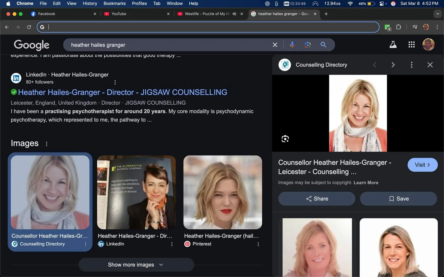 The image displays a Google search results page featuring information related to "Heather Hailes-Granger." At the top, there is a search bar with the query "heather hailes granger" entered. Below the search bar, there are links to various profiles, including LinkedIn, which indicates that Heather Hailes-Granger is the Director of Jigsaw Counselling, located in Leicester, England. The text mentions that she has been a practicing psychotherapist for around 20 years, with a focus on psychodynamic psychotherapy.

On the left side of the image, there are several thumbnail images of Heather Hailes-Granger. The first image shows a woman with blonde hair, smiling, wearing a light scarf and a coral-colored top. The second image features a woman with short, dark hair styled in a bob, wearing a black blazer and holding her hands together in front of her. The third image shows a woman with medium-length blonde hair, wearing a white top and red lipstick, with a neutral expression. The fourth image is another picture of the same blonde woman from the first image, smiling and wearing a scarf.

On the right side of the image, there is a larger thumbnail of the first woman, again showing her smiling and wearing a scarf, with a white background. Below this image, there is a button labeled "Visit," indicating a link to more information about her counselling services.

The overall setting appears to be a digital interface, specifically a search engine results page, with no physical location or environmental context visible. The focus is primarily on the textual information and images related to Heather Hailes-Granger and her professional background.