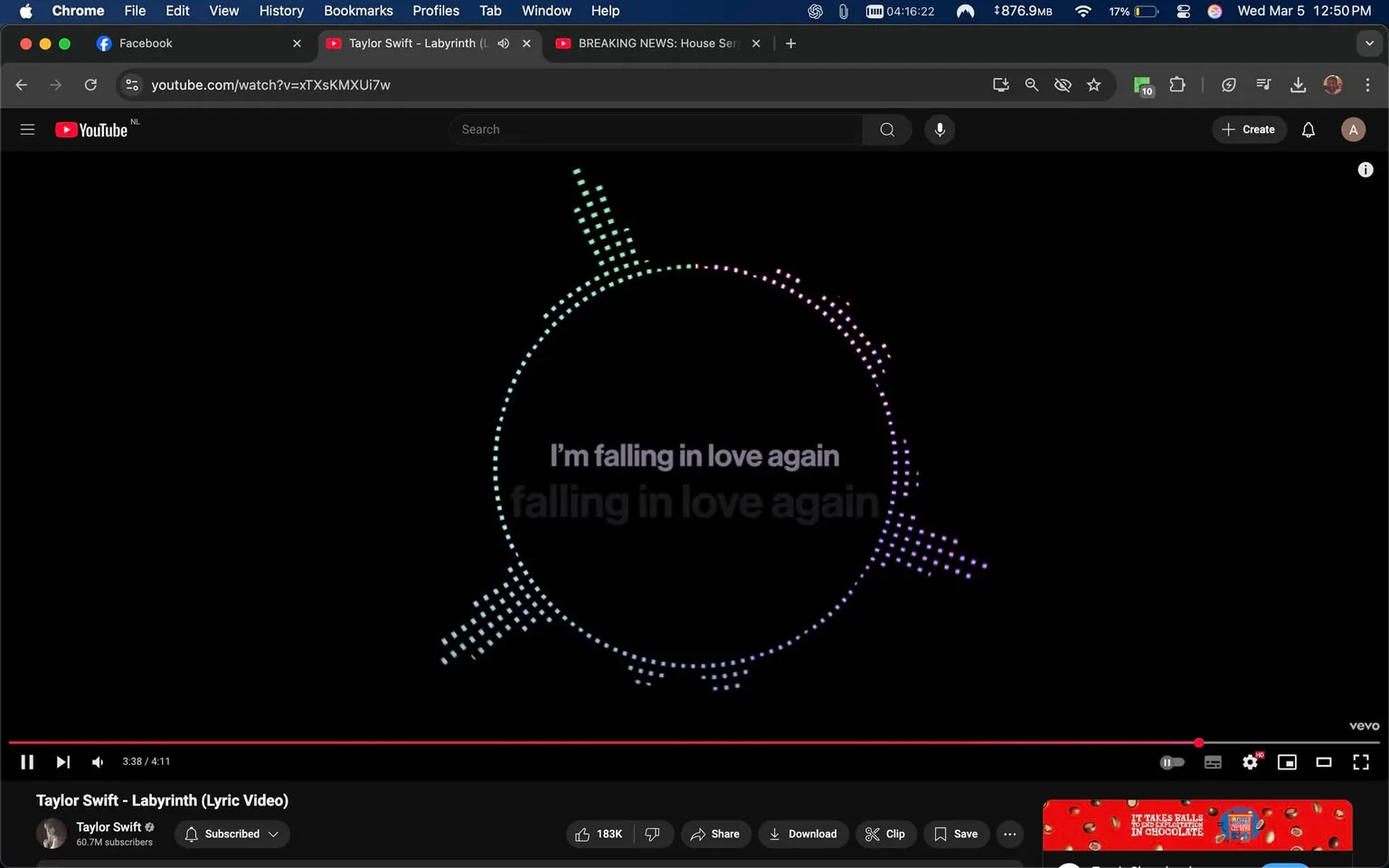 The image displays a screenshot from a YouTube video featuring a lyric video for the song "Labyrinth" by Taylor Swift. The video is currently playing, with the timestamp indicating it is at 3 minutes and 38 seconds out of a total duration of 4 minutes and 11 seconds.

**Text Elements:**
- The main text displayed in the center of the screen reads: "I’m falling in love again" and "falling in love again." The text is presented in a large, bold font that is white in color, set against a black background.
- Below the video, there is additional text indicating the title of the video: "Taylor Swift - Labyrinth (Lyric Video)." This text is in a smaller font and is also white.
- The channel name "Taylor Swift" is visible, along with a subscriber count of "60.7M subscribers."
- There are interactive buttons below the video, including "Like," "Share," "Download," and "Save," along with a view count of "183K."

**Visual Elements:**
- The background of the video is entirely black, creating a stark contrast with the text.
- Surrounding the text is a circular graphic made up of small dots, which appear to be animated, possibly reacting to the music. The dots are colored in shades of blue and purple, creating a visual representation of sound waves or music beats.

**User Interface:**
- The top of the screen shows the browser interface with tabs open for Facebook and YouTube, indicating the user is on a computer.
- The YouTube interface includes a search bar, a notification bell, and a profile icon in the upper right corner.

**Overall Setting:**
- The setting is digital, specifically a music streaming platform. There are no people present in the image, and the focus is solely on the video content and user interface elements.

This description captures all observable details in the image without speculation or subjective interpretation.
