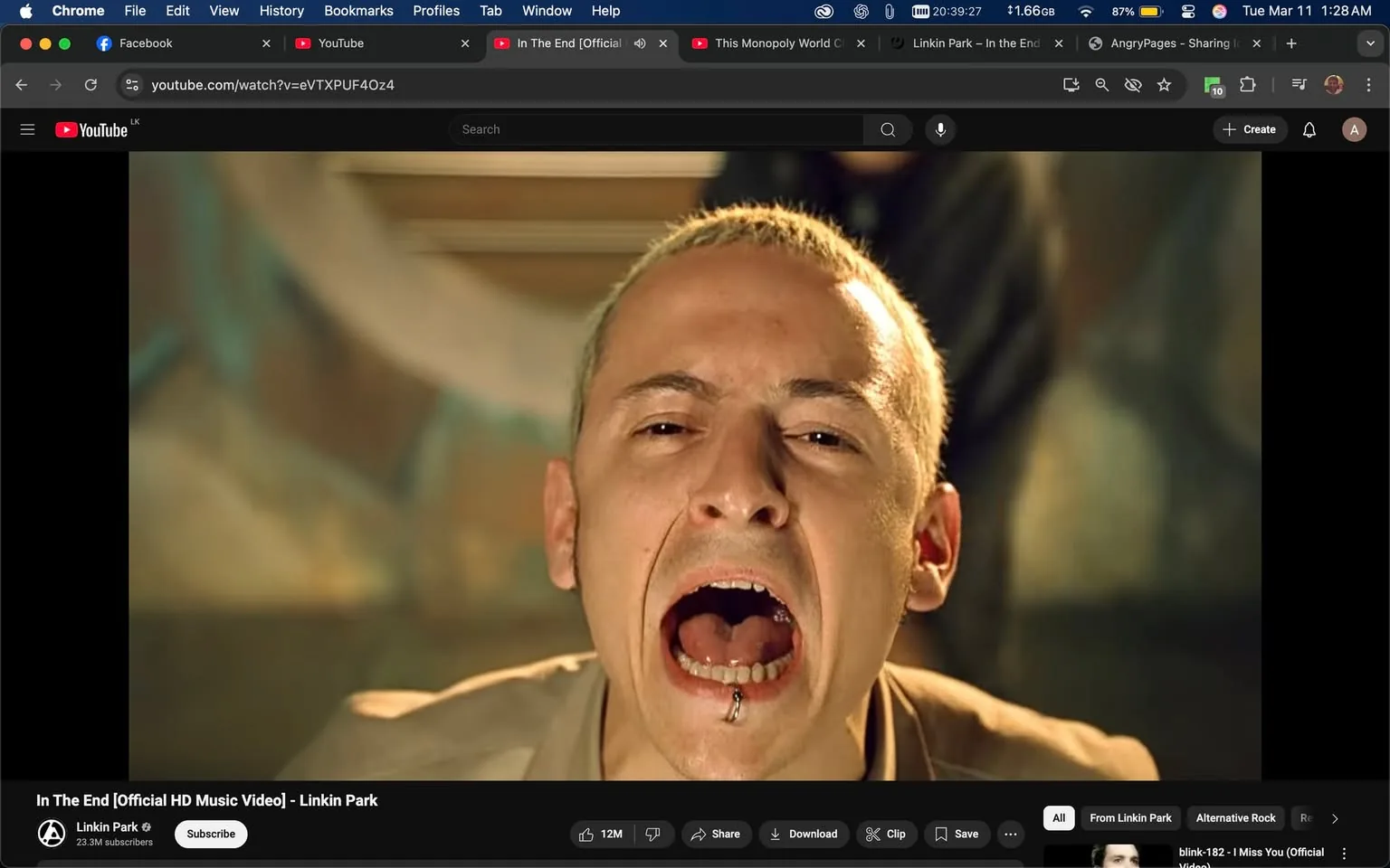 The image shows a close-up of a person with a shaved head, appearing to be in a state of intense emotion. The individual is mid-scream, with their mouth wide open, revealing a piercing on the lower lip. Their facial expression conveys a strong sense of passion or distress, characterized by furrowed brows and wide eyes. The skin tone appears light, and there are no visible tattoos or distinguishing marks on the face.

The person is wearing a beige shirt, which is slightly wrinkled, suggesting a casual or relaxed style. The background is somewhat blurred but features abstract shapes and colors, likely indicating a performance or artistic setting. The lighting is warm, casting soft shadows on the person's face, enhancing the emotional intensity of the moment.

In the top portion of the image, there are visible browser tabs, including a YouTube link titled "In The End [Official HD Music Video] - Linkin Park," indicating that this image is a still from a music video. The YouTube interface is partially visible, showing options to share, download, and clip the video, as well as a subscriber count of 23.3 million for the Linkin Park channel.

Overall, the image captures a powerful moment from a music video, focusing on the individual’s emotional expression and the artistic elements of the surrounding environment.